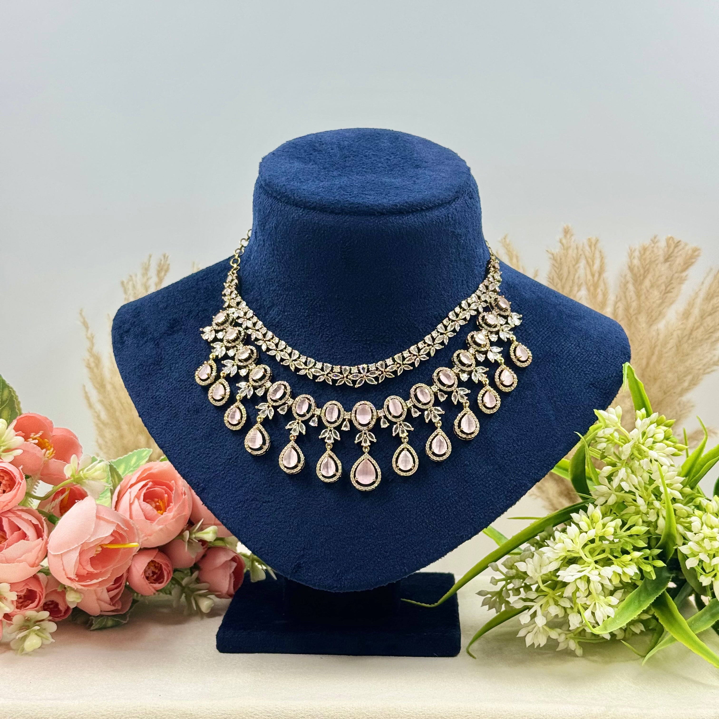 Charulata Pink American Diamond Necklace Set