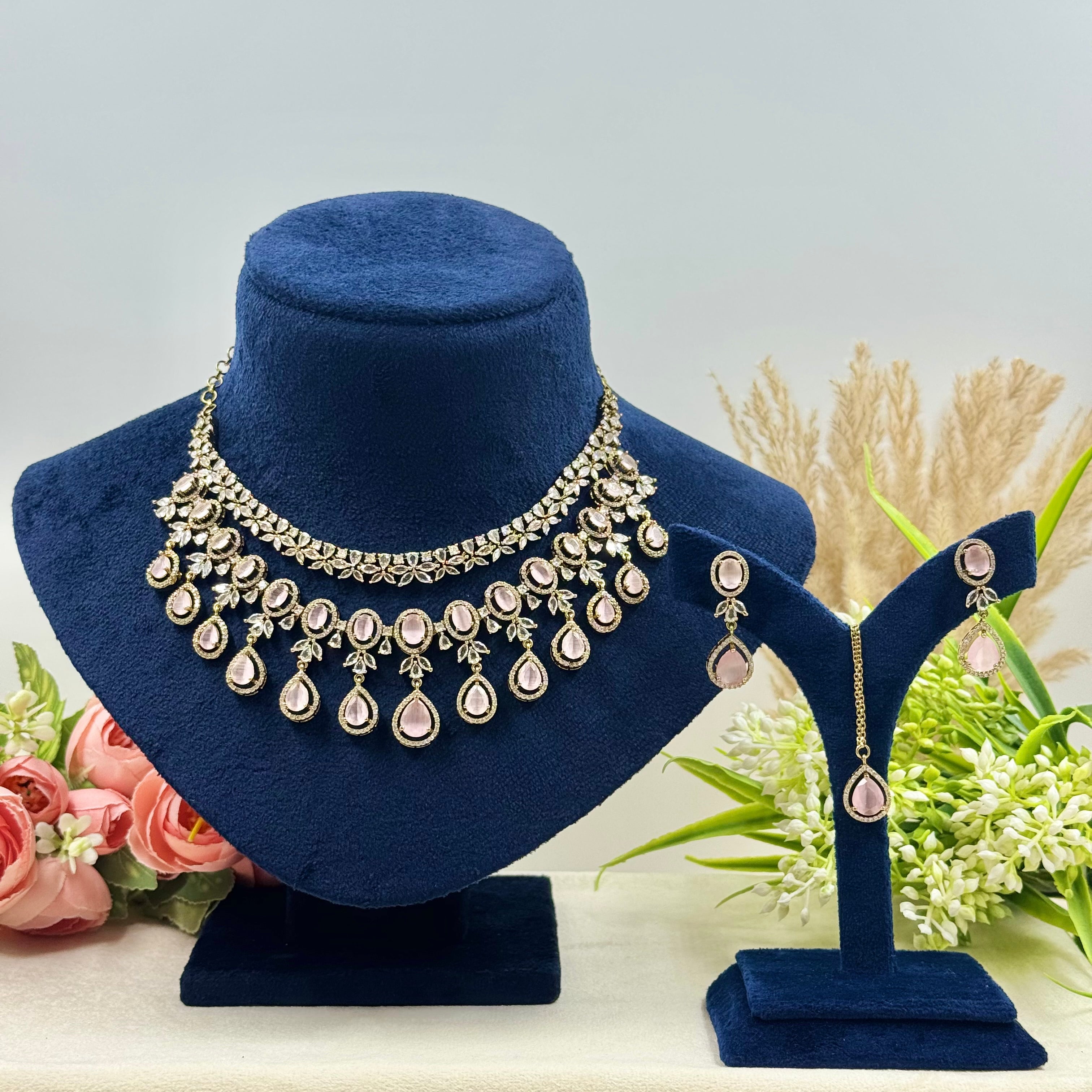 Charulata Pink American Diamond Necklace Set