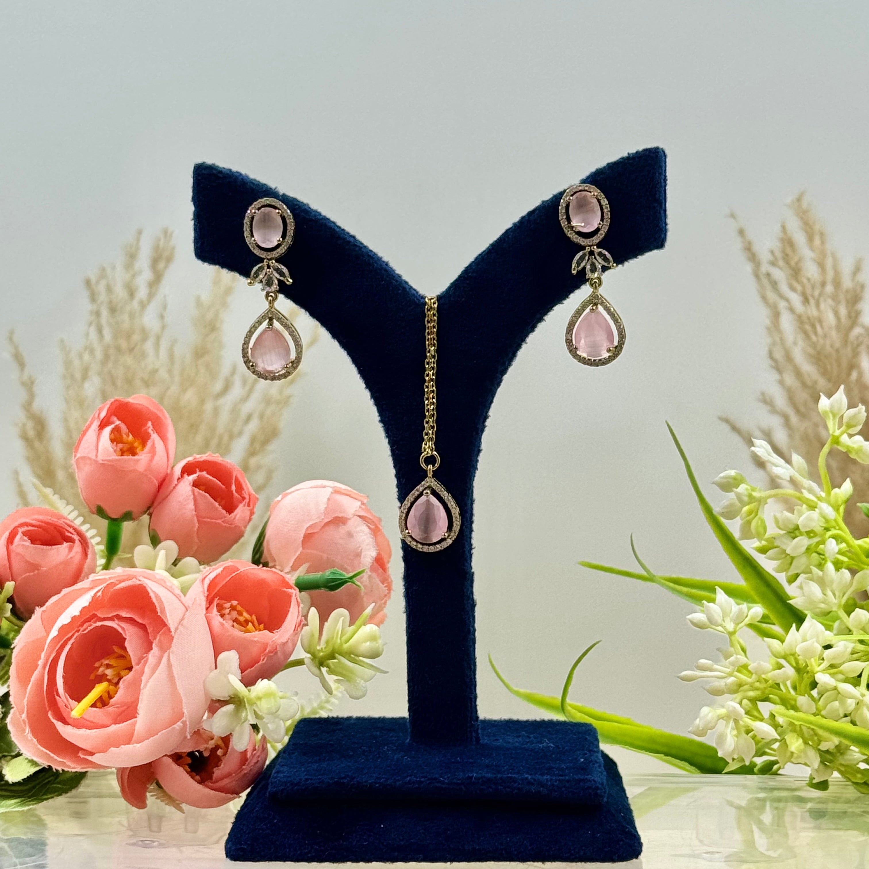 Charulata Pink American Diamond Necklace Set