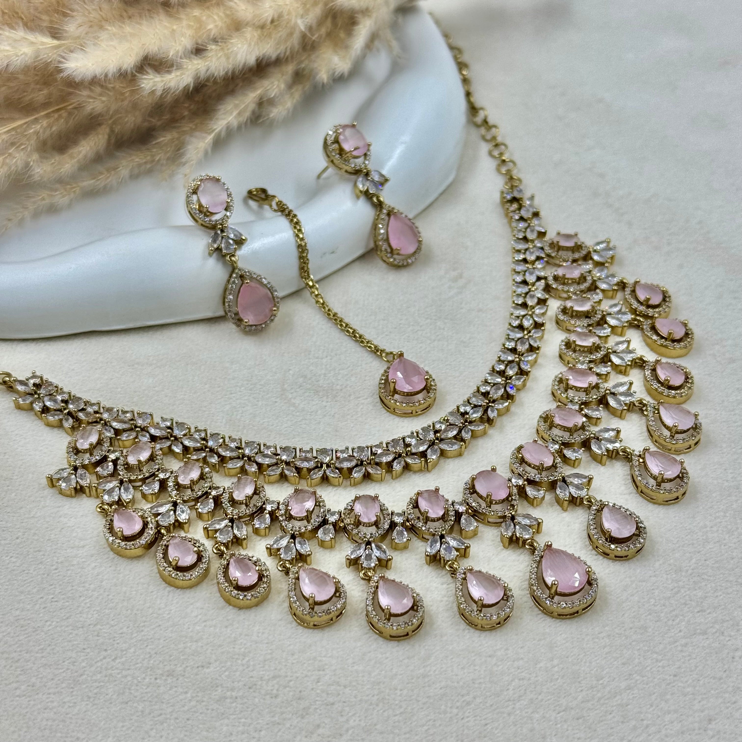 Charulata Pink American Diamond Necklace Set