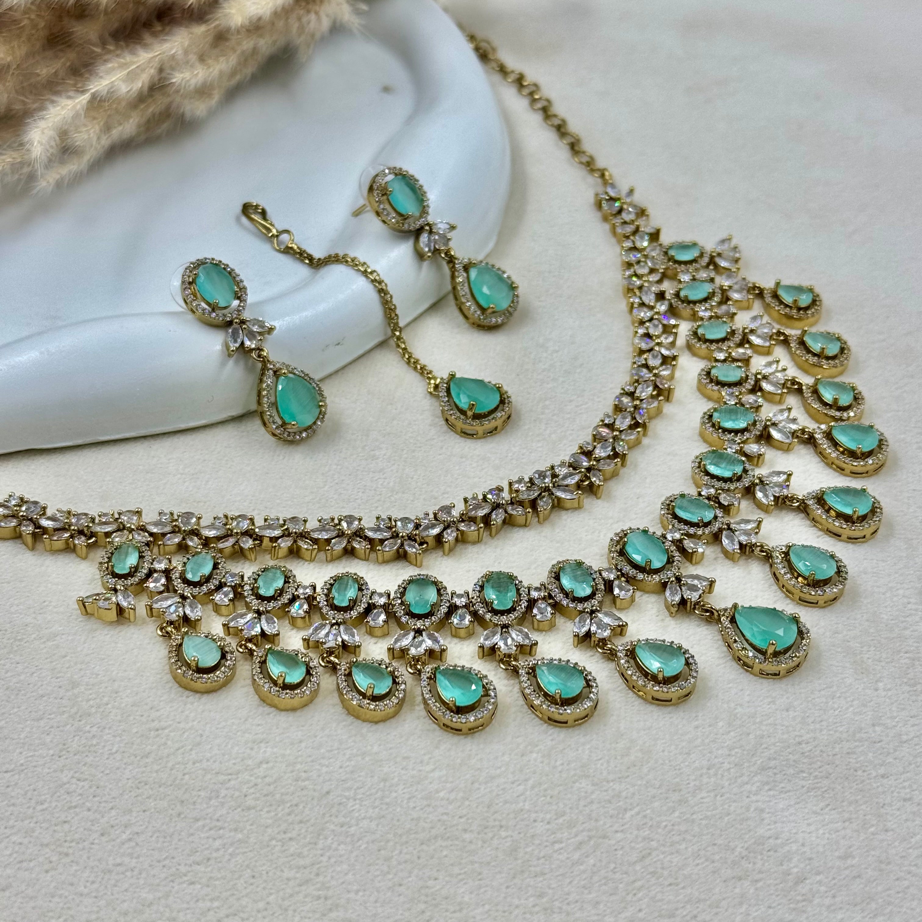 Vaidehi Mint American Diamond Necklace Set
