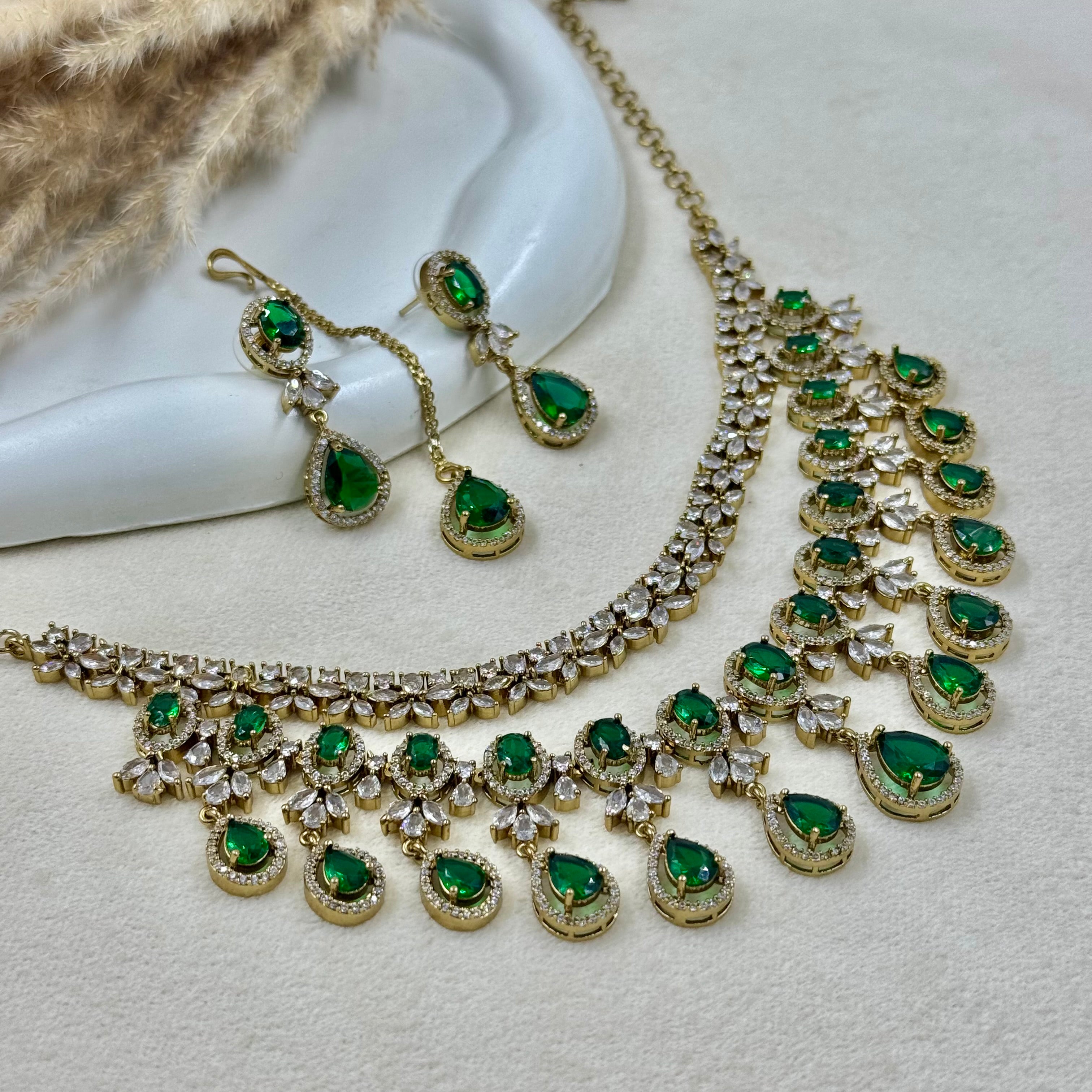Devika Green American Diamond Necklace Set