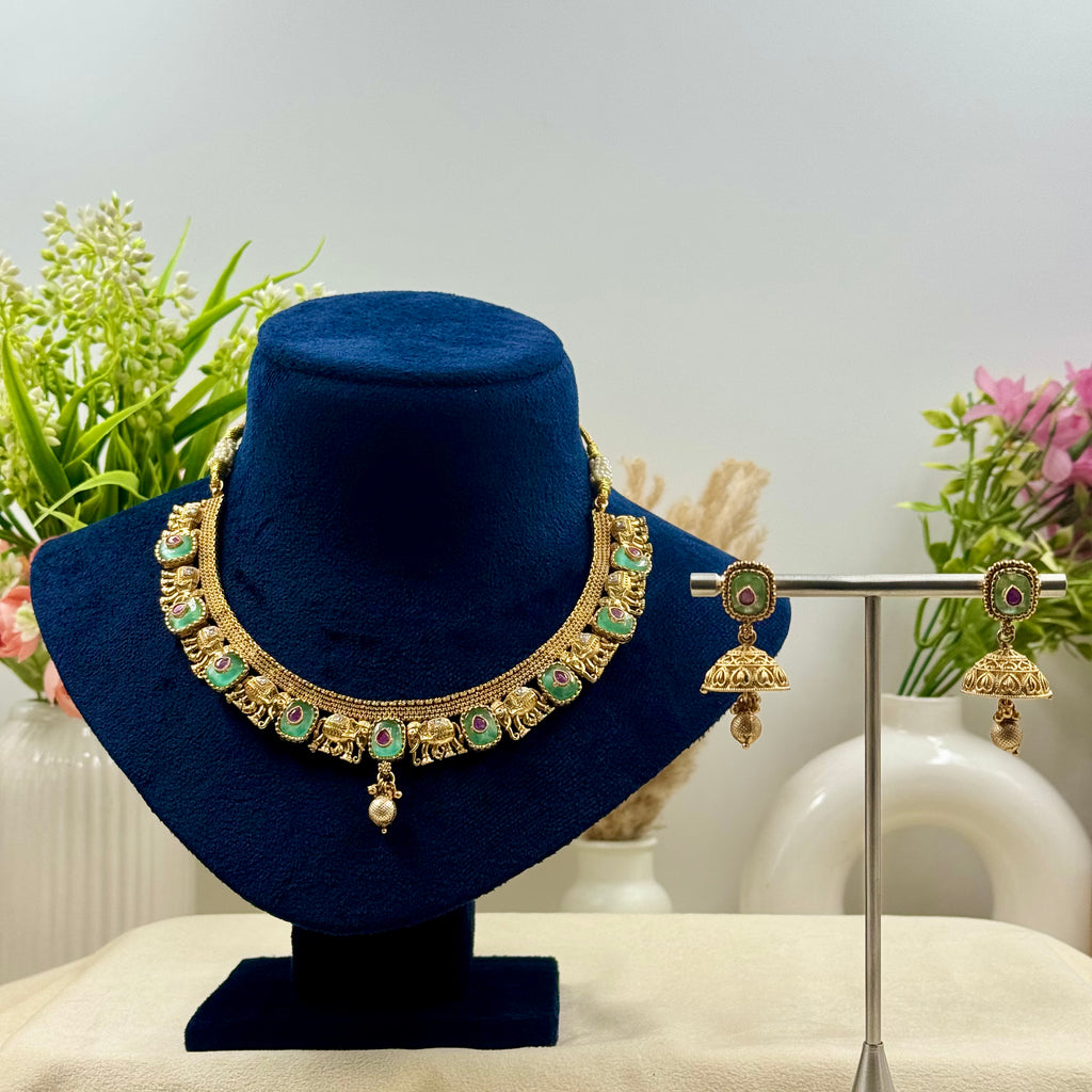 Vasudha Rajwadi Mint Kundan Polki Necklace Set