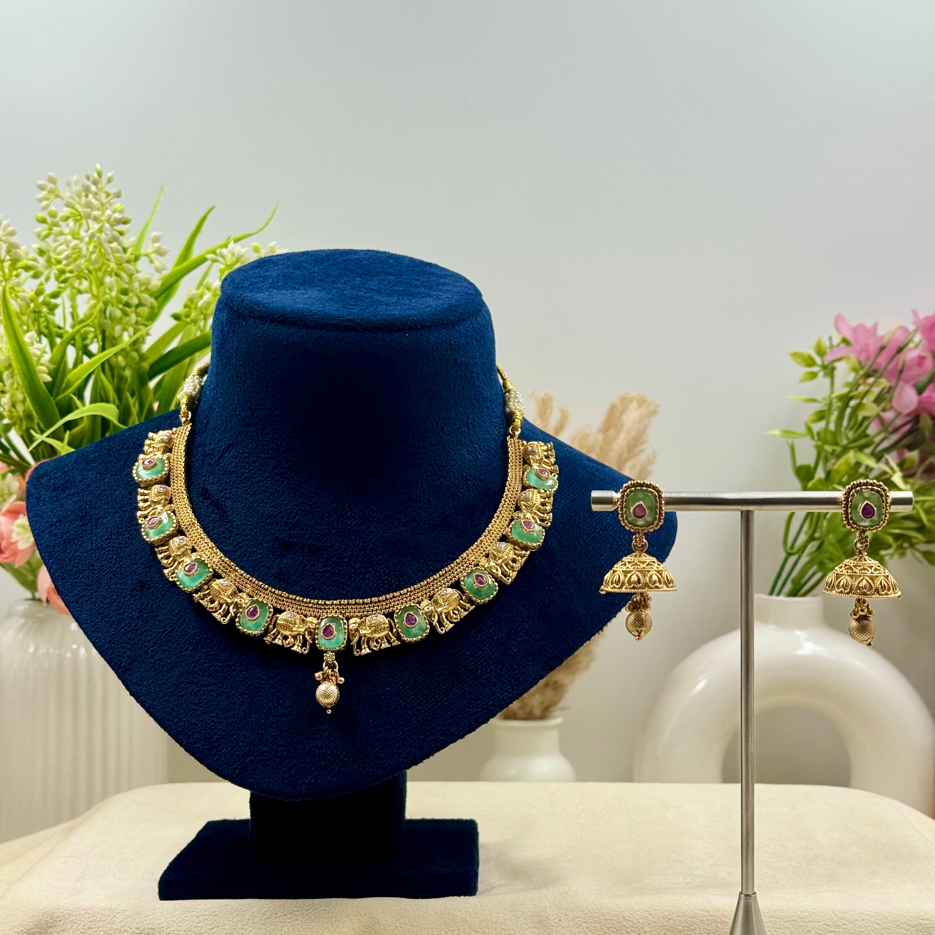 Vasudha Rajwadi Mint Kundan Polki Necklace Set