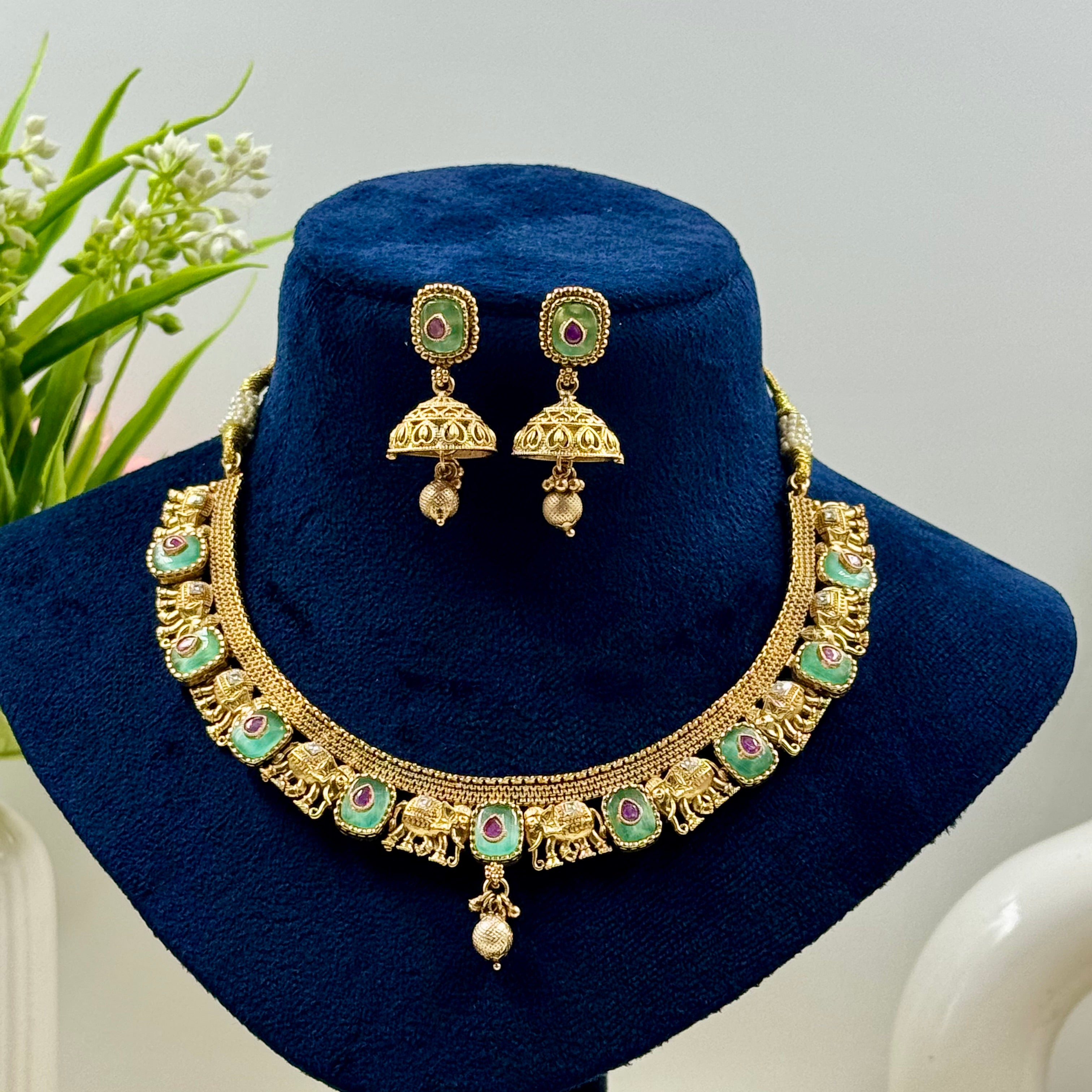Vasudha Rajwadi Mint Kundan Polki Necklace Set