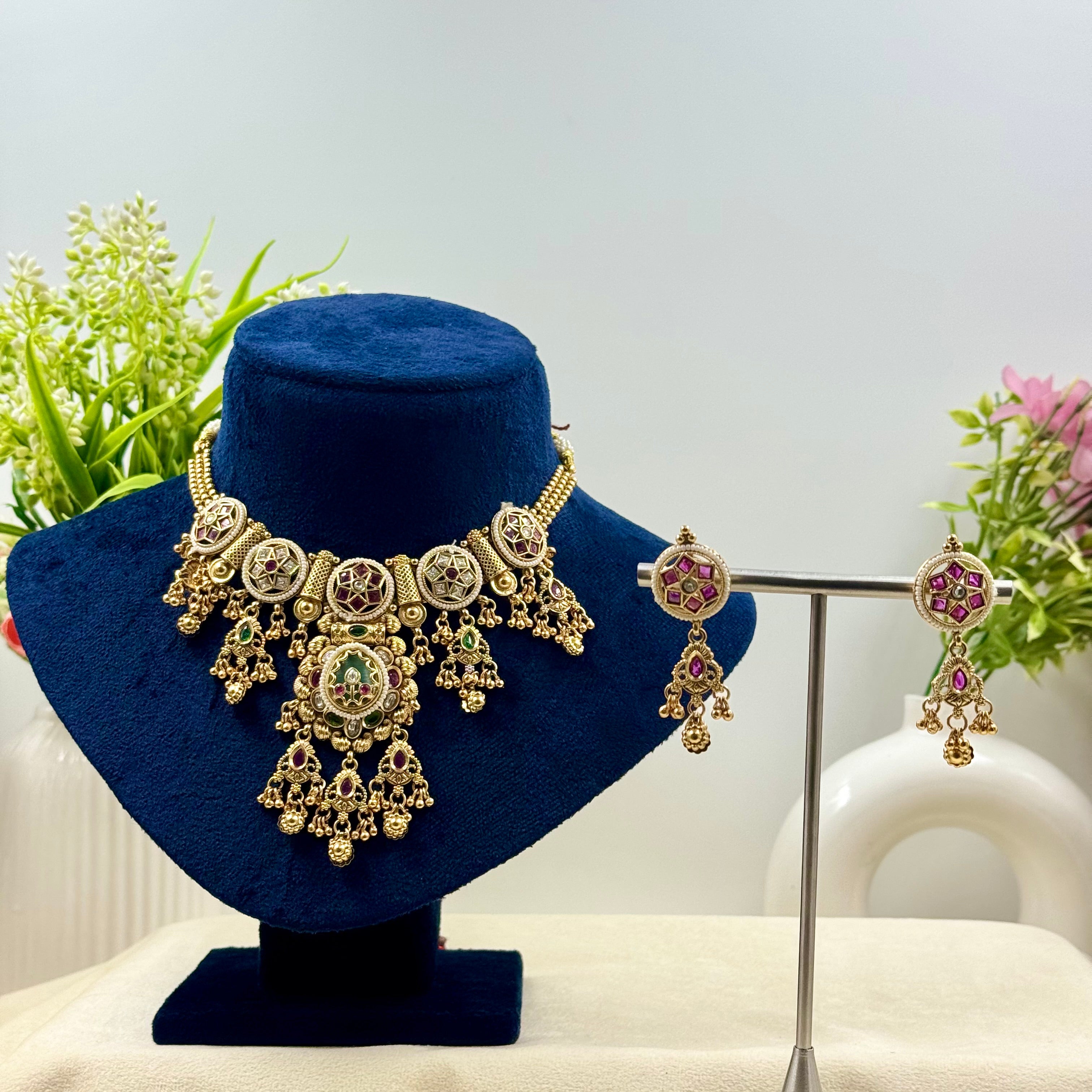 Meera Rajwadi Mint Stone Kundan Necklace Set
