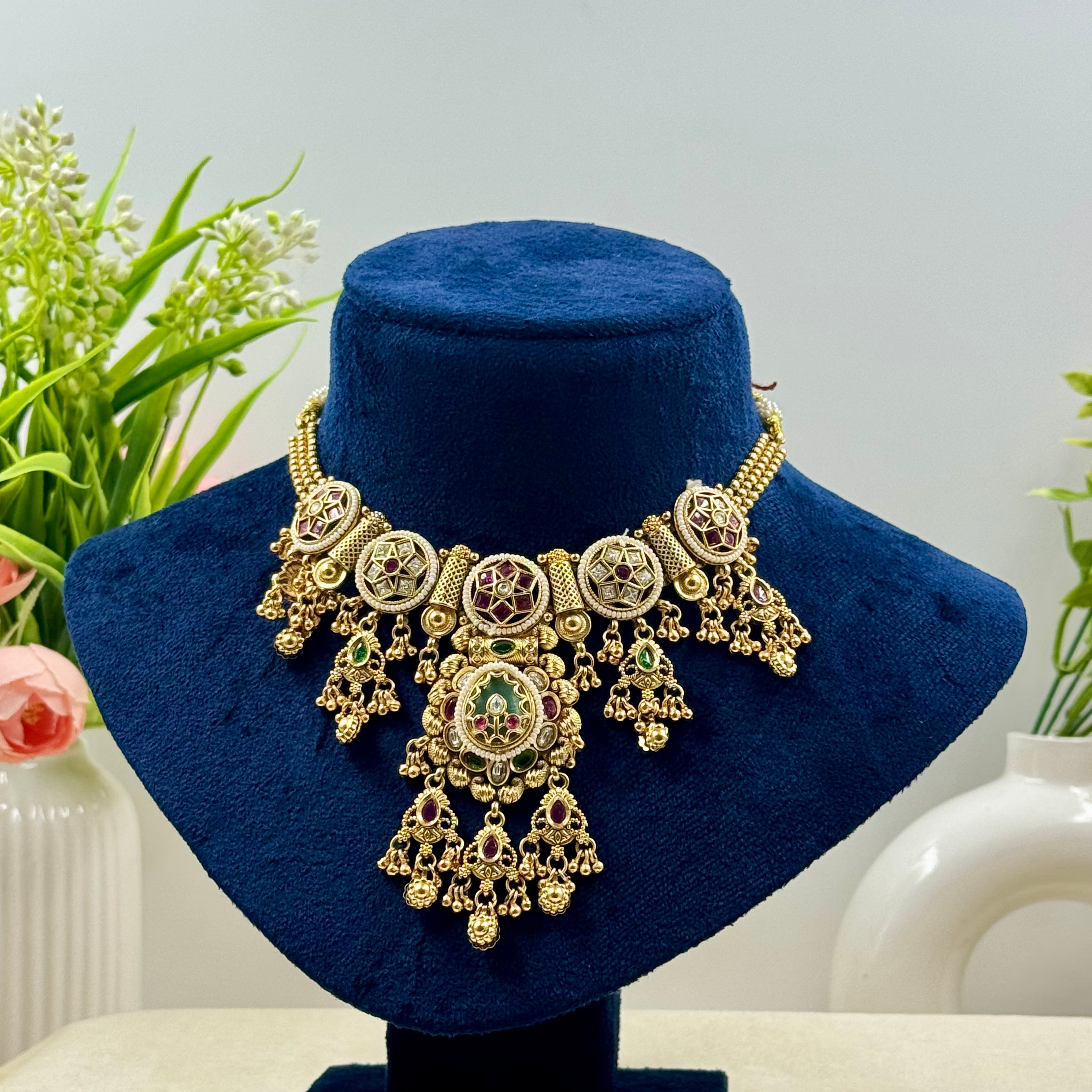 Meera Rajwadi Mint Stone Kundan Necklace Set