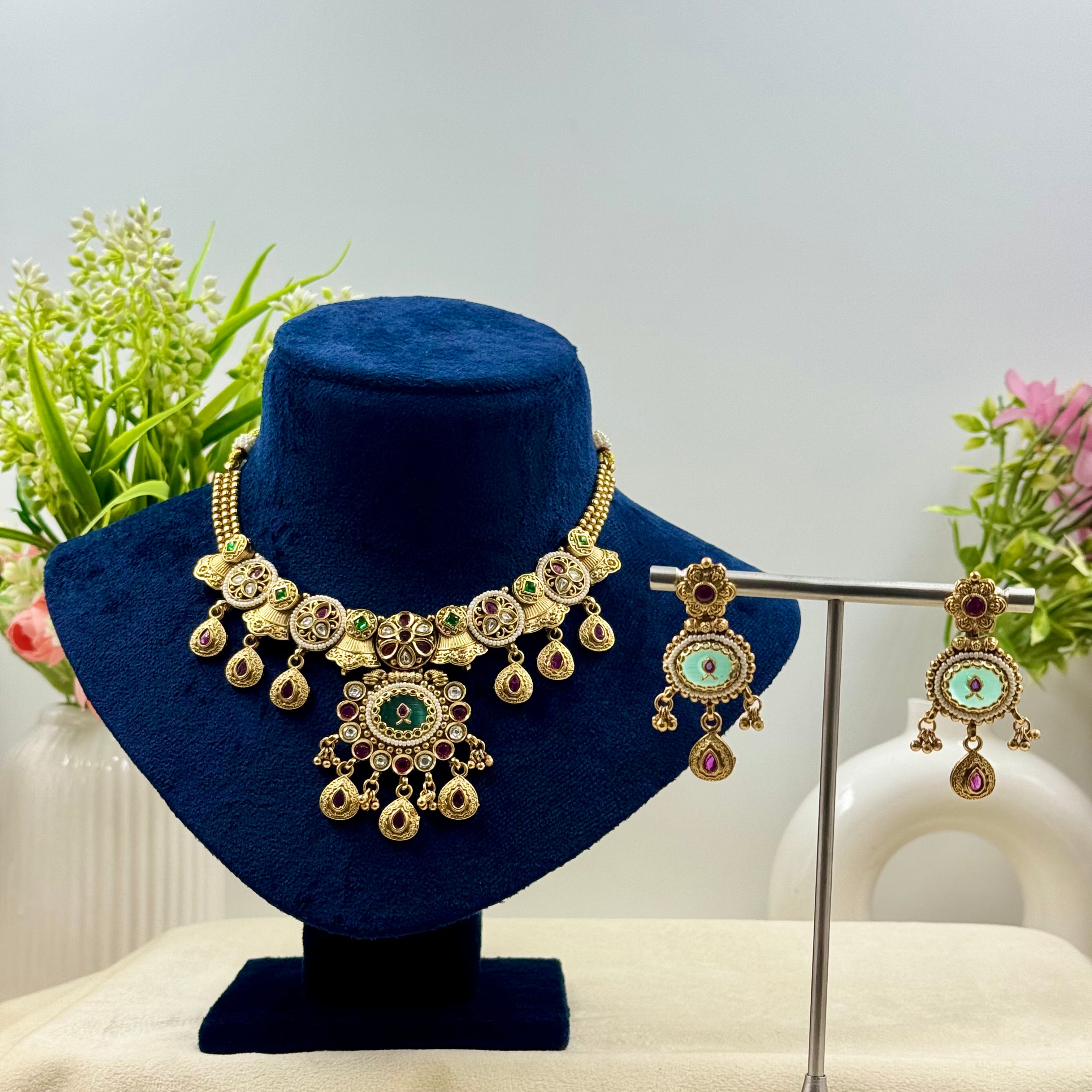 Gauri Rajwadi Mint Kundan Polki Necklace Set