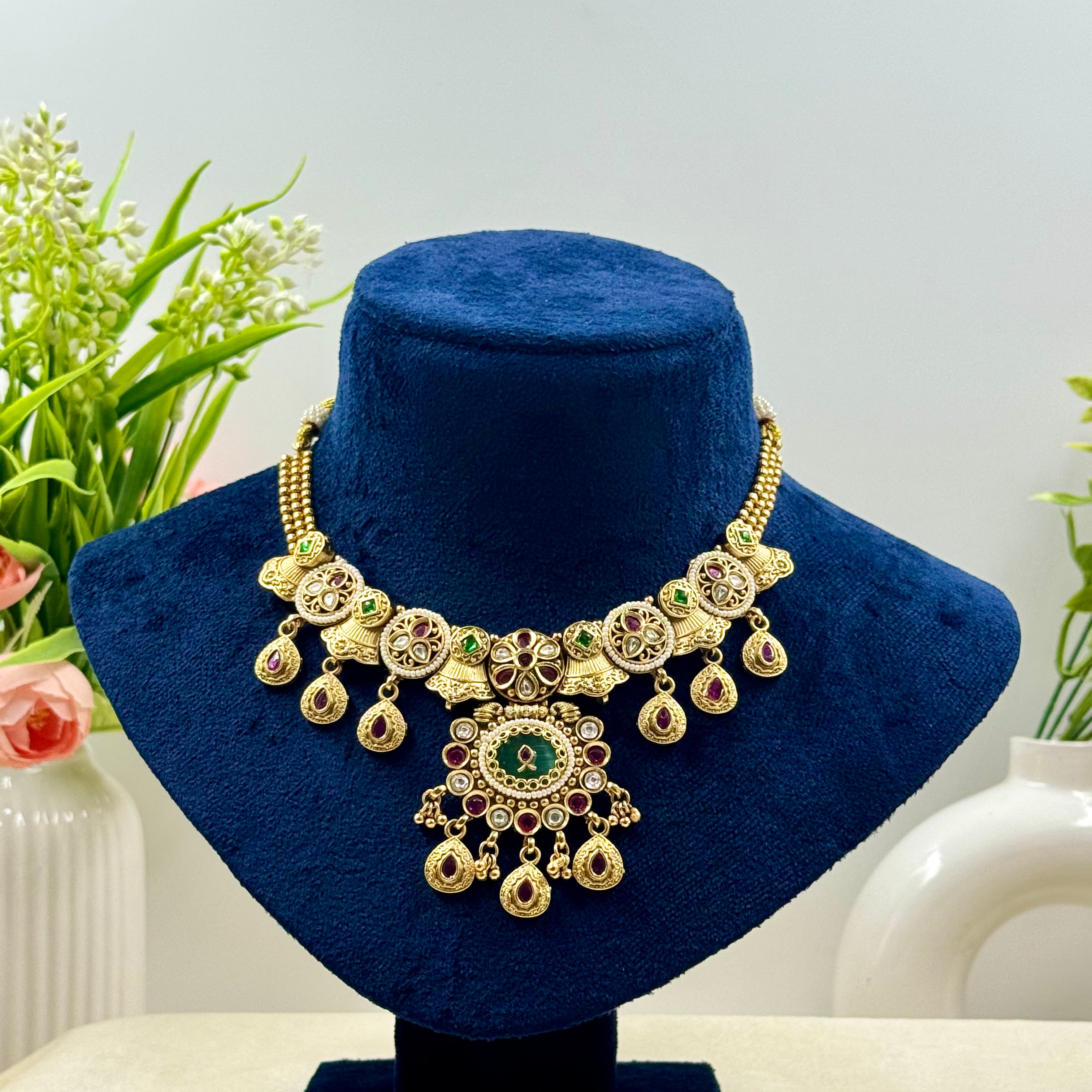 Gauri Rajwadi Mint Kundan Polki Necklace Set