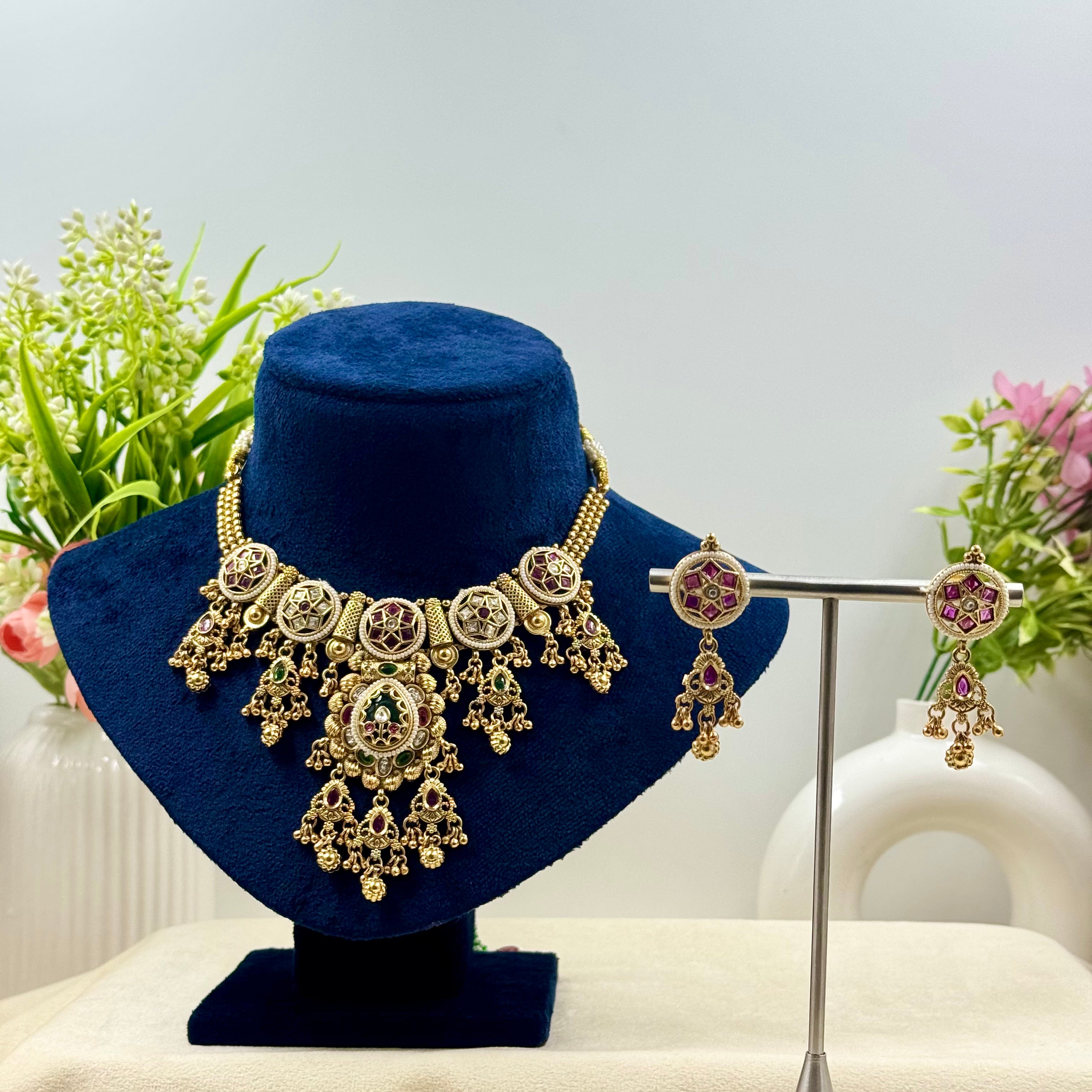 Vrinda Rajwadi Green Kundan Polki Necklace Set