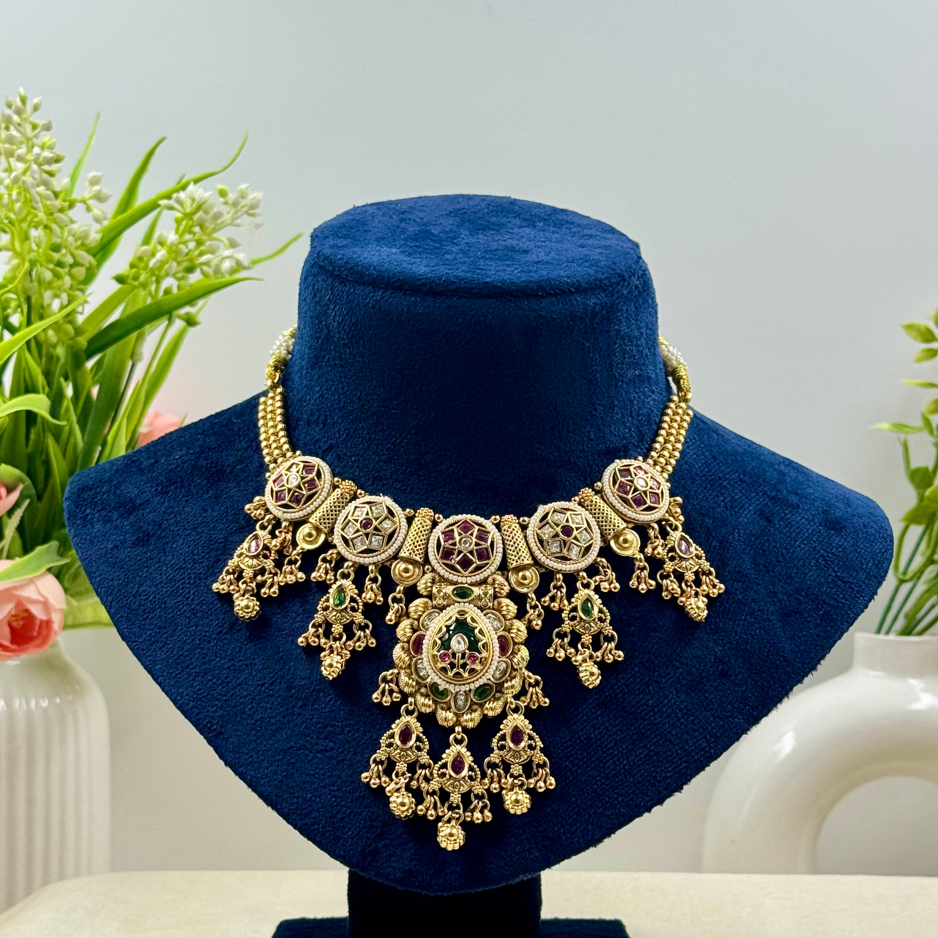 Vrinda Rajwadi Green Kundan Polki Necklace Set