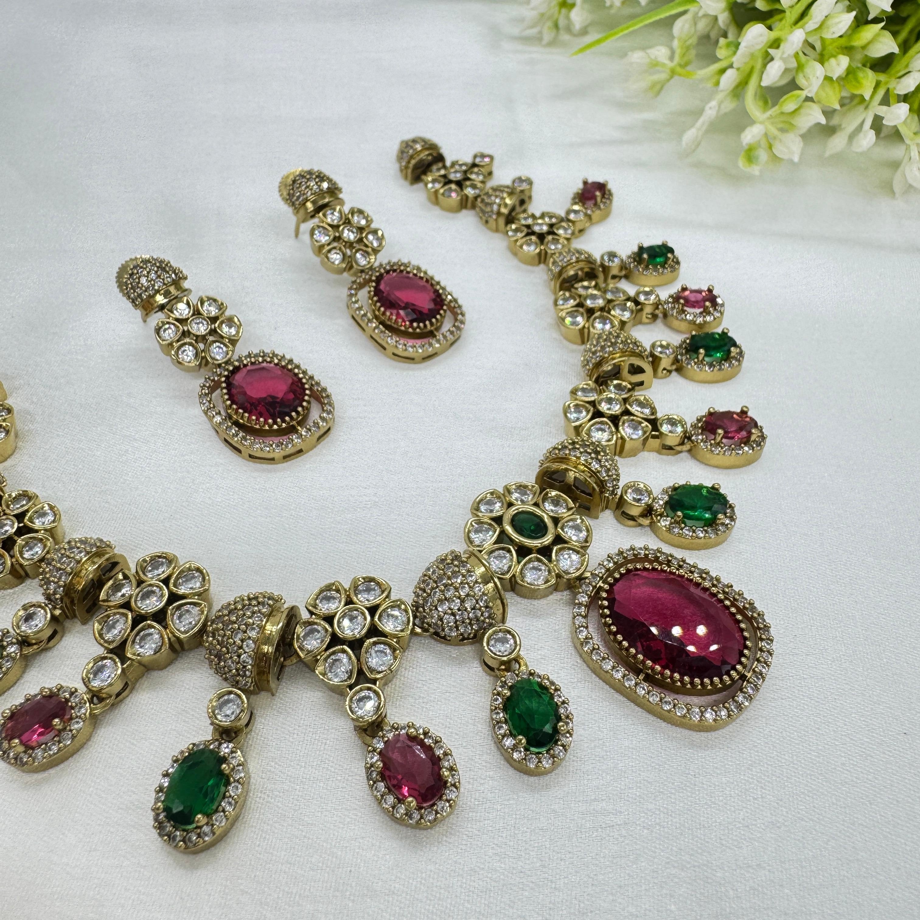 Victorian Multi Color Kundan Necklace Earrings Set