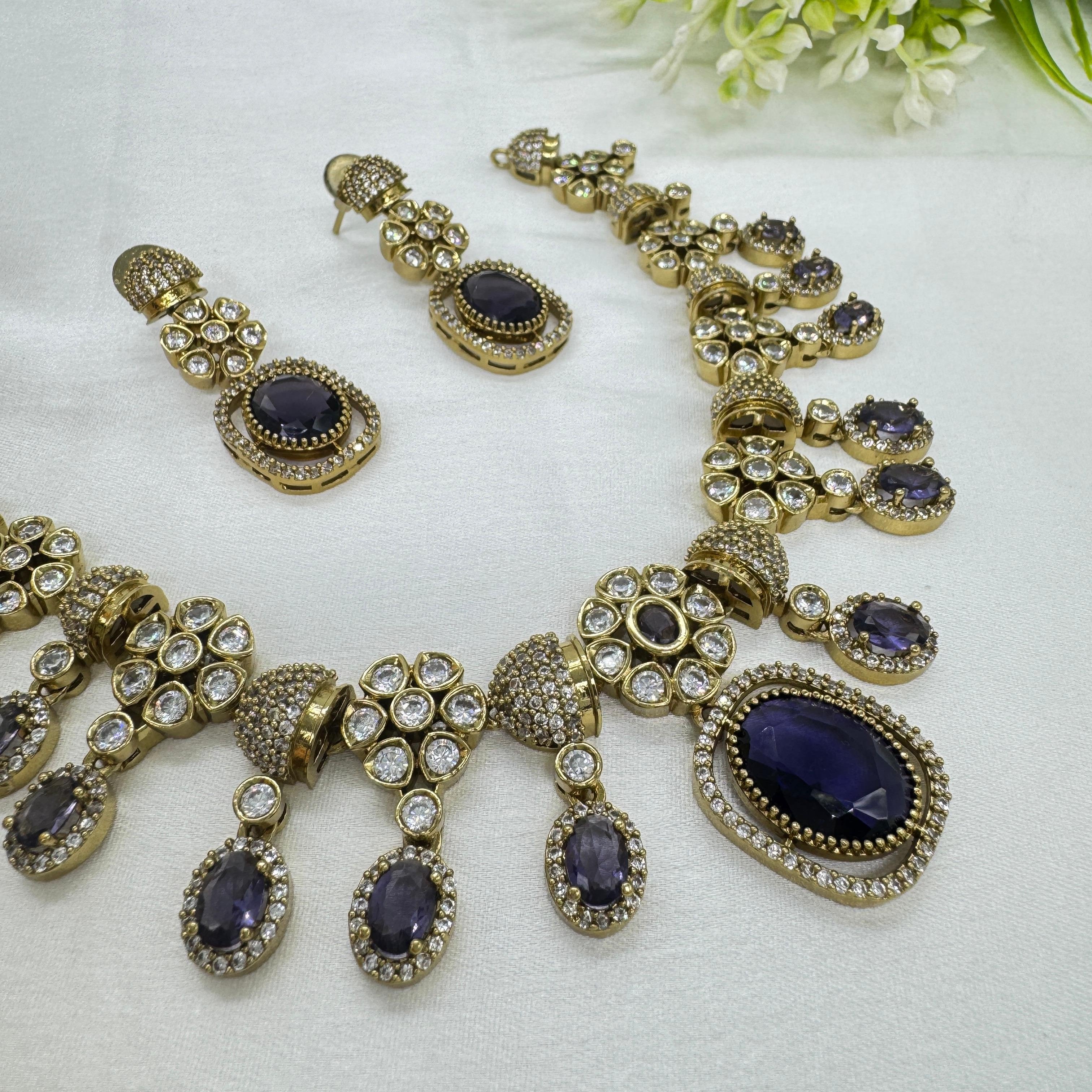 Victorian Purple Kundan Necklace Earrings Set
