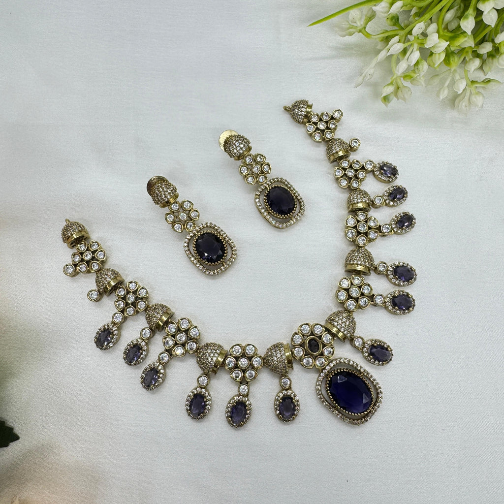 Victorian Purple Kundan Necklace Earrings Set