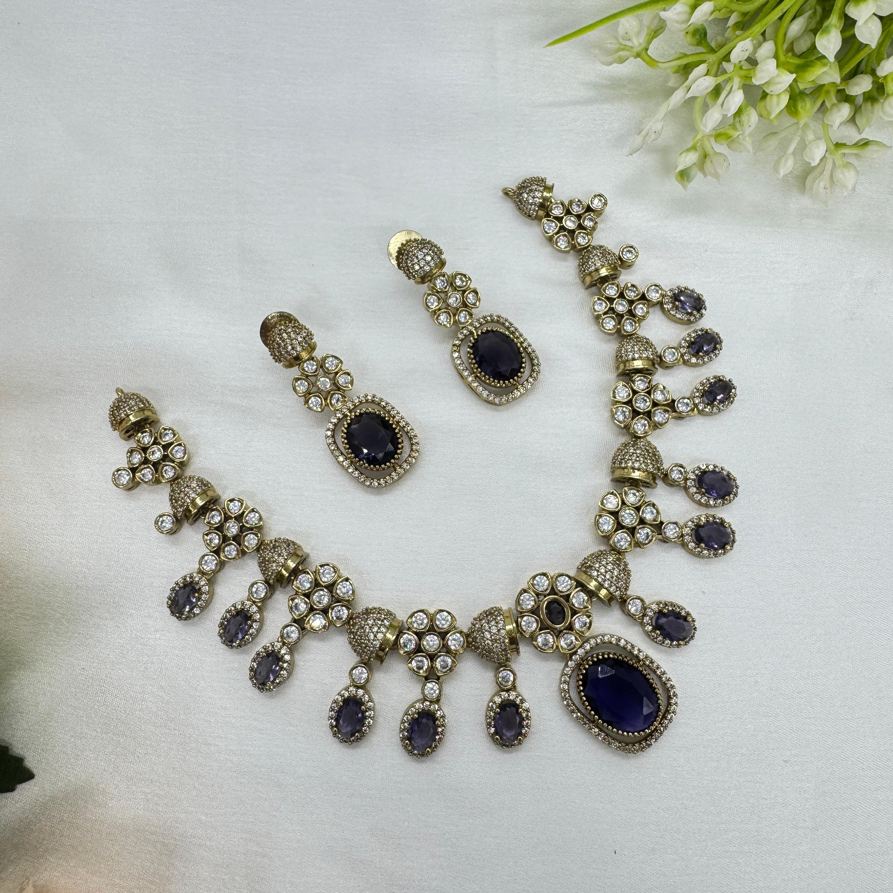 Victorian Purple Kundan Necklace Earrings Set