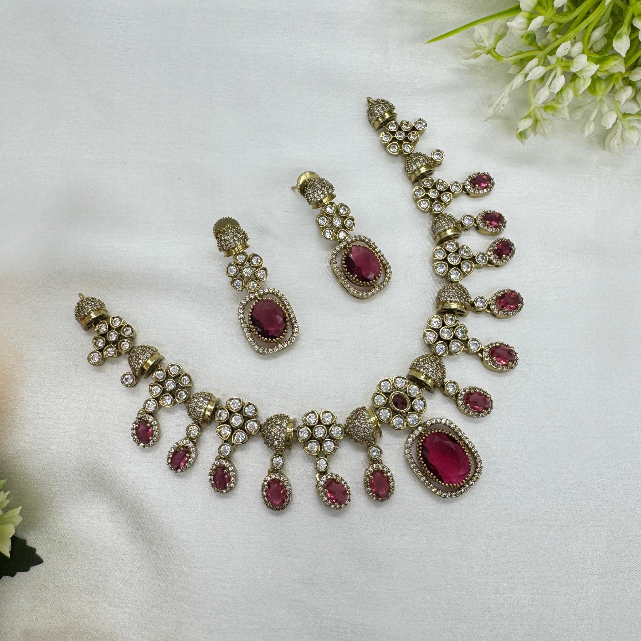 Victorian Ruby Kundan Necklace Earrings Set