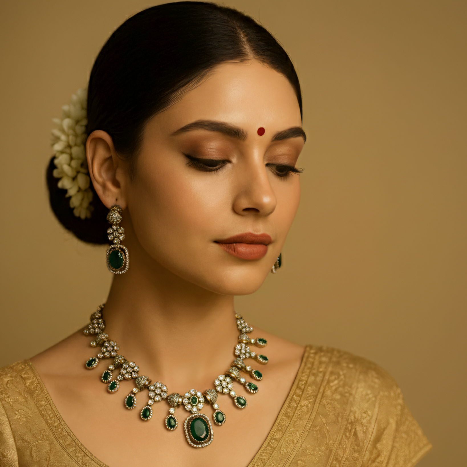 Victorian Emerald Kundan Necklace Earrings Set
