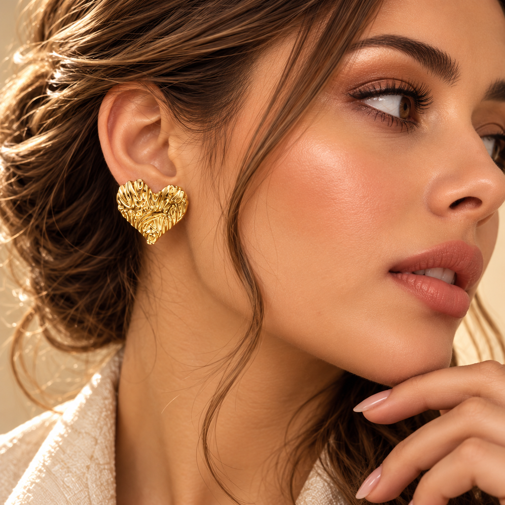 Carved Heart Stud Earrings – 18K Gold Plated