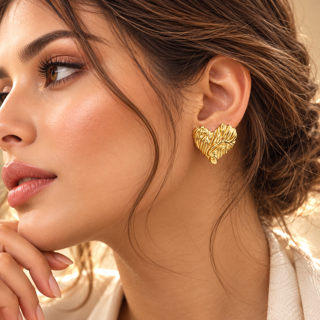 Carved Heart Stud Earrings – 18K Gold Plated