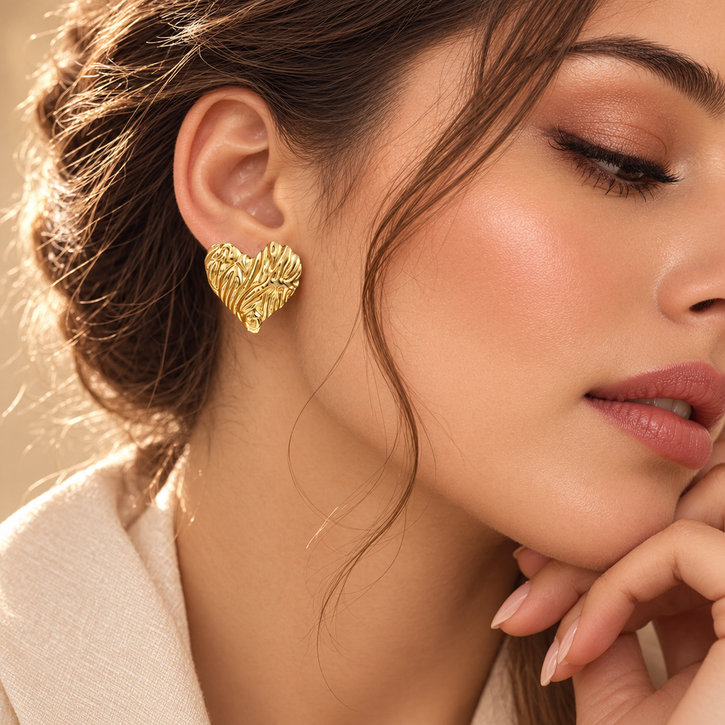 Carved Heart Stud Earrings – 18K Gold Plated