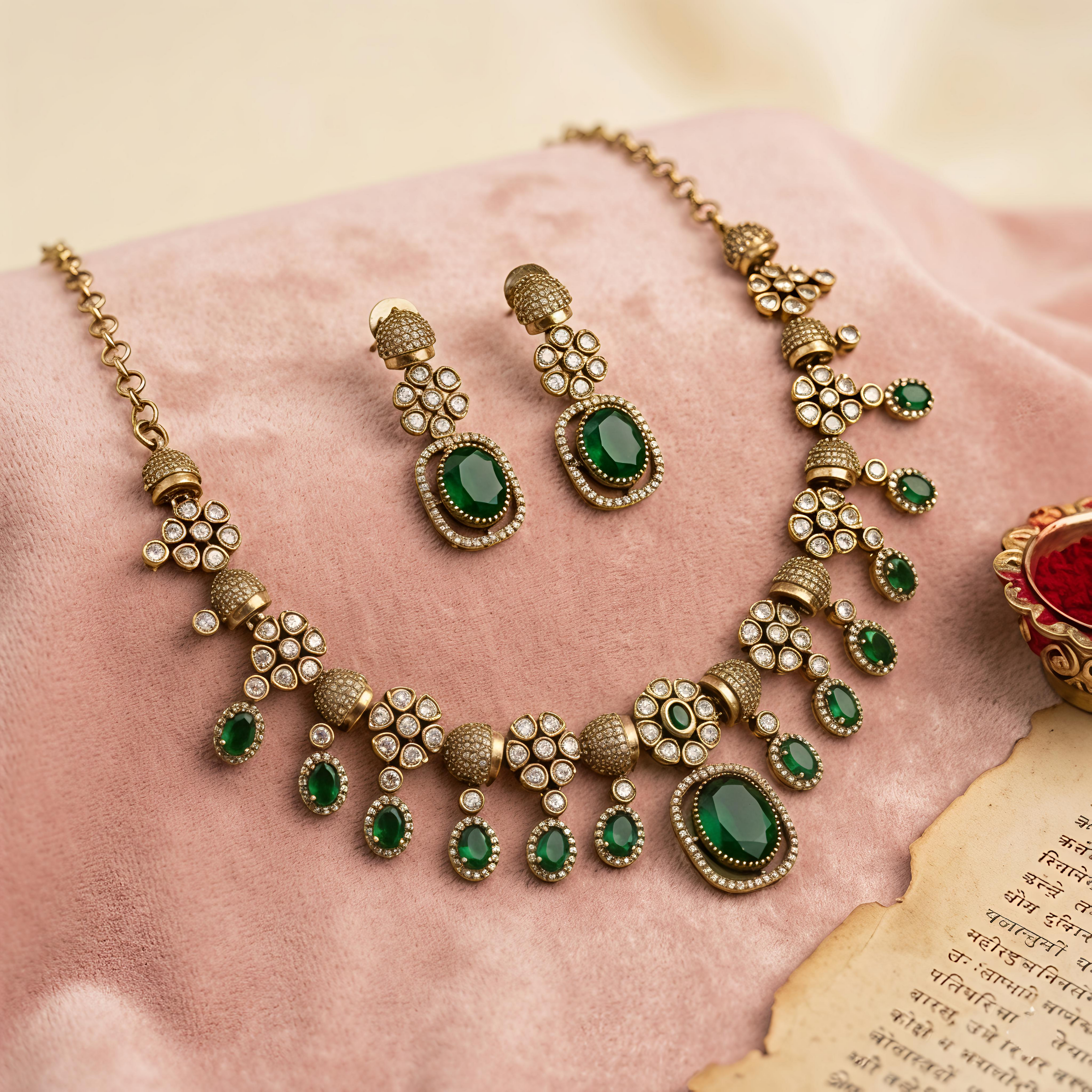 Emerald Green Vanshika Victorian Jewellery Set