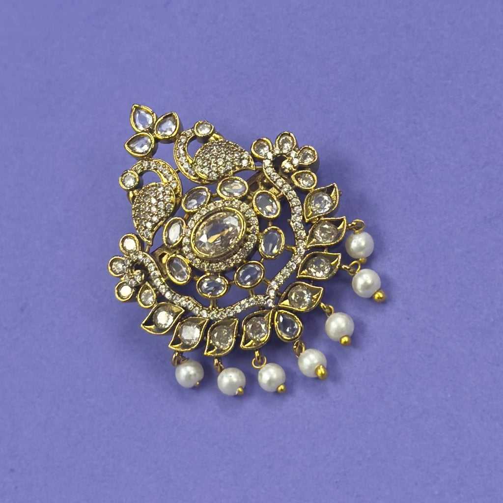 Anandi Gold Peacock Saree Brooch, styling detail