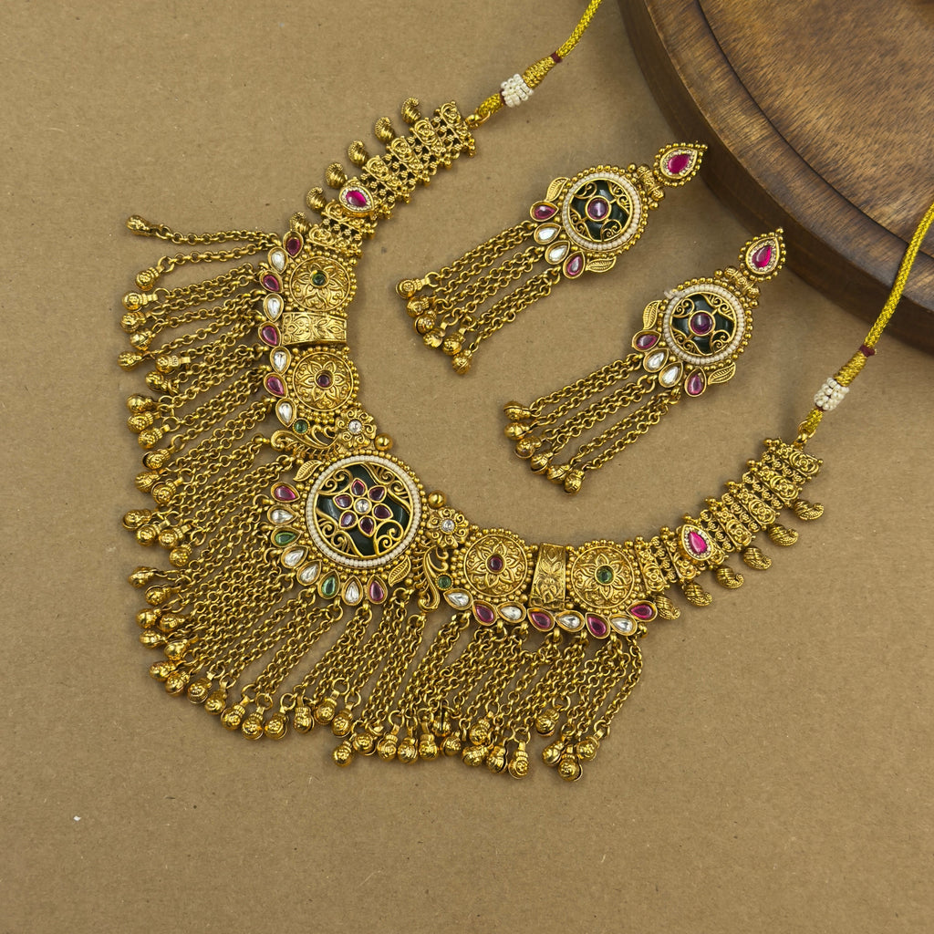 Aanchal Green Heritage Layered Necklace Set for Bridal Wear