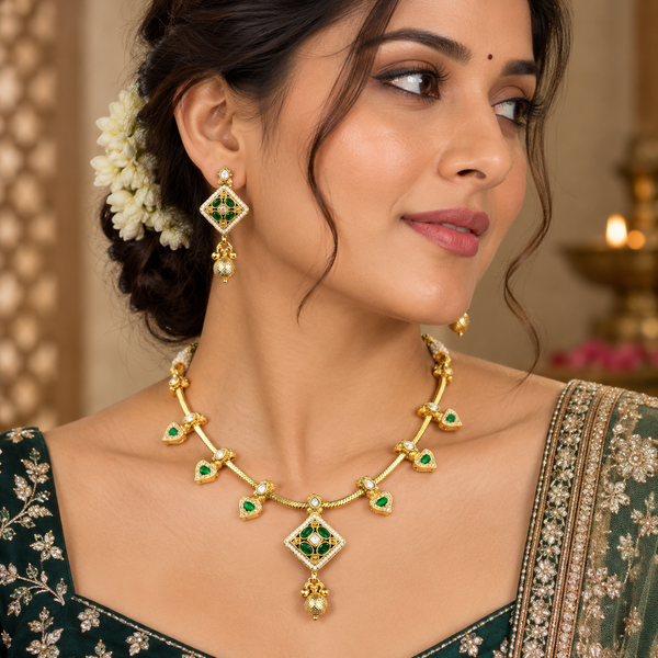 Girija emerald green antique necklace set with matching earrings