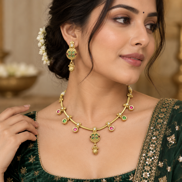 Indrani green and ruby multicolor antique necklace set with matching earrings