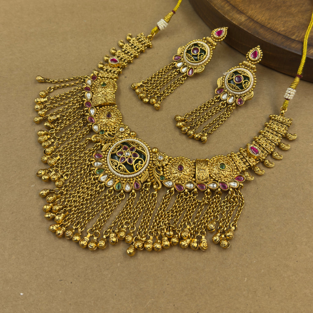 Aanchal Green Heritage Layered Necklace Set for Bridal Wear