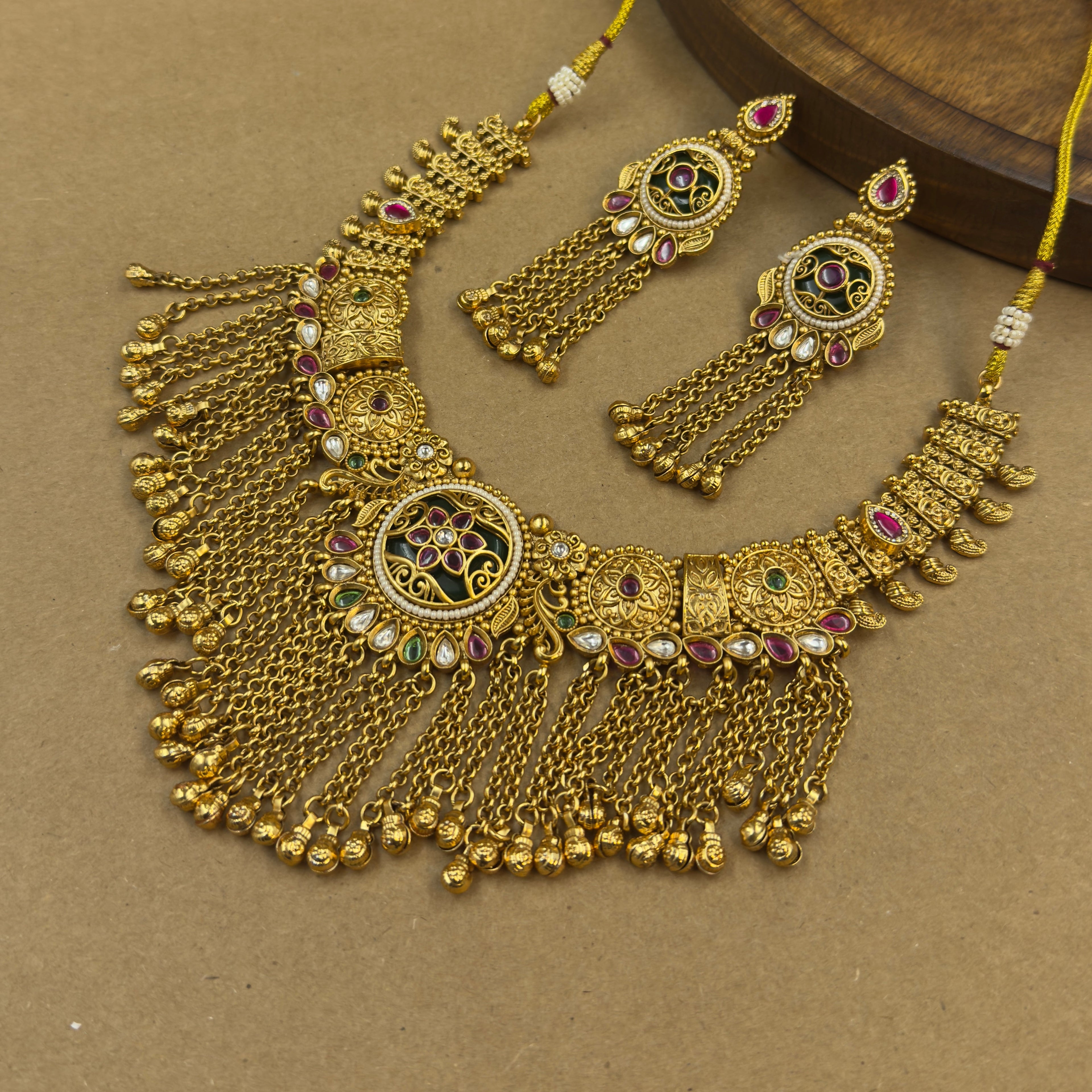 Aanchal Green Heritage Layered Necklace Set for Bridal Wear