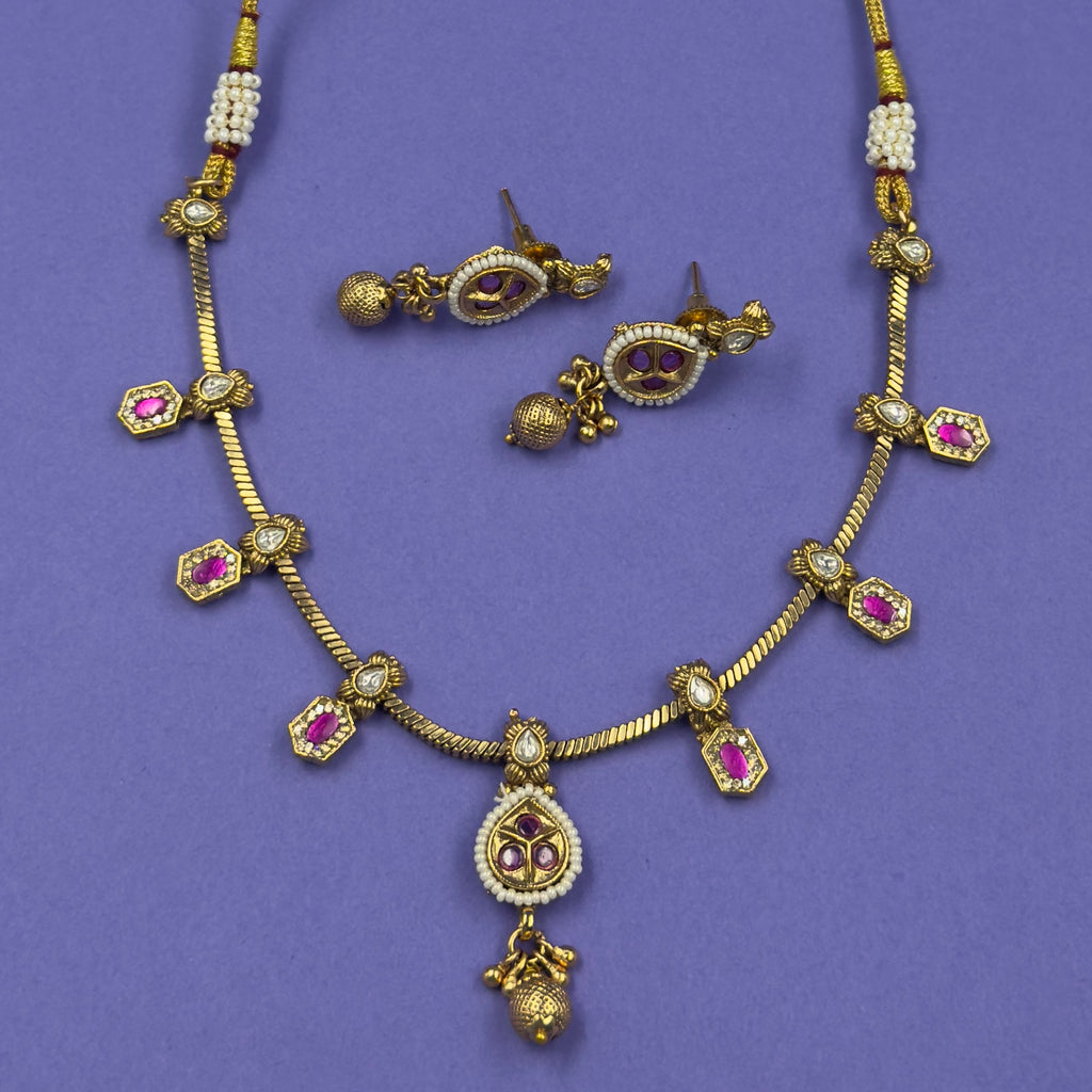 Riddhi Rani Pink Antique Necklace Set for Daily and Festive Wear, close-up detail