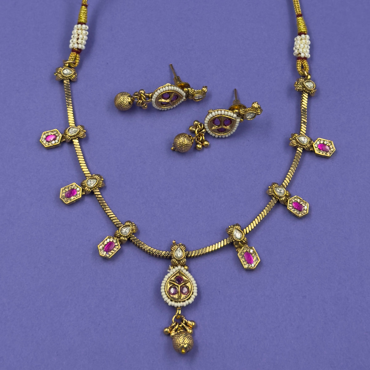 Riddhi Rani Pink Antique Necklace Set for Daily and Festive Wear, close-up detail