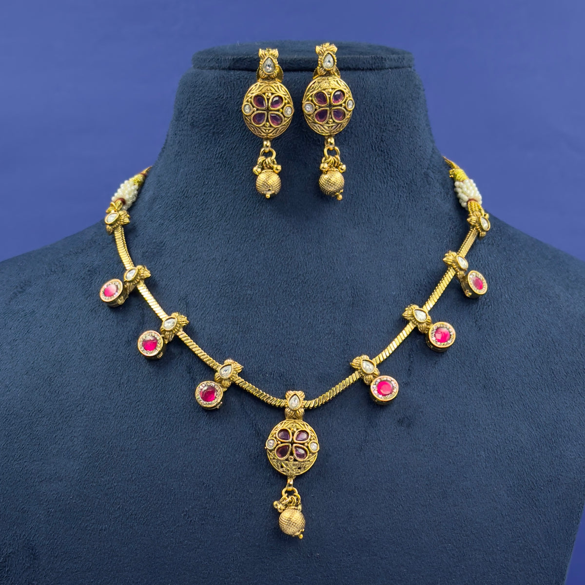 Kaveri ruby red antique necklace set with matching earrings