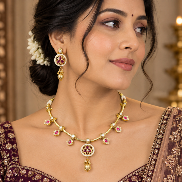 Niharika ruby red antique necklace set with matching earrings