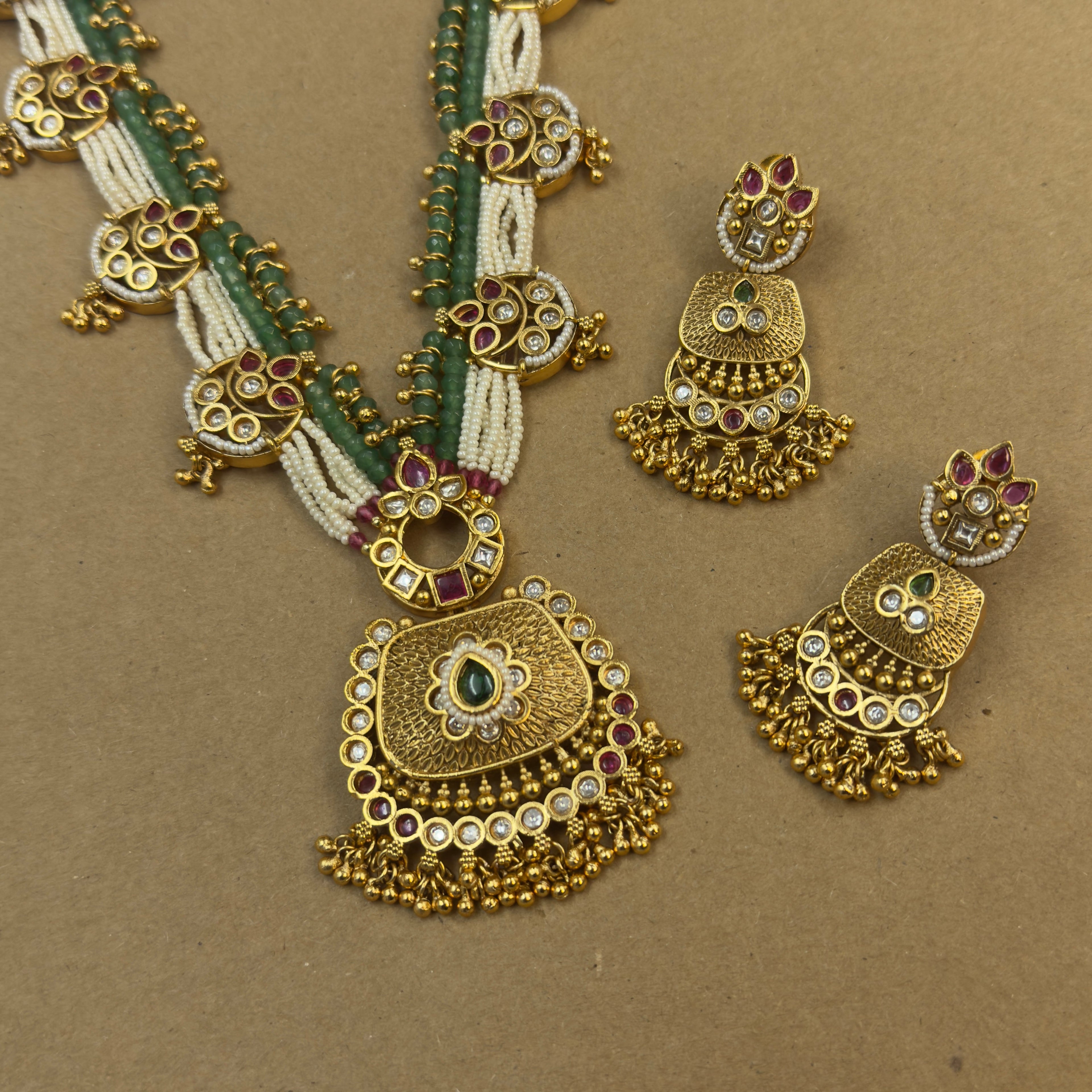 Ananya Mint Rajwadi Long Necklace Set for Bridal Wear