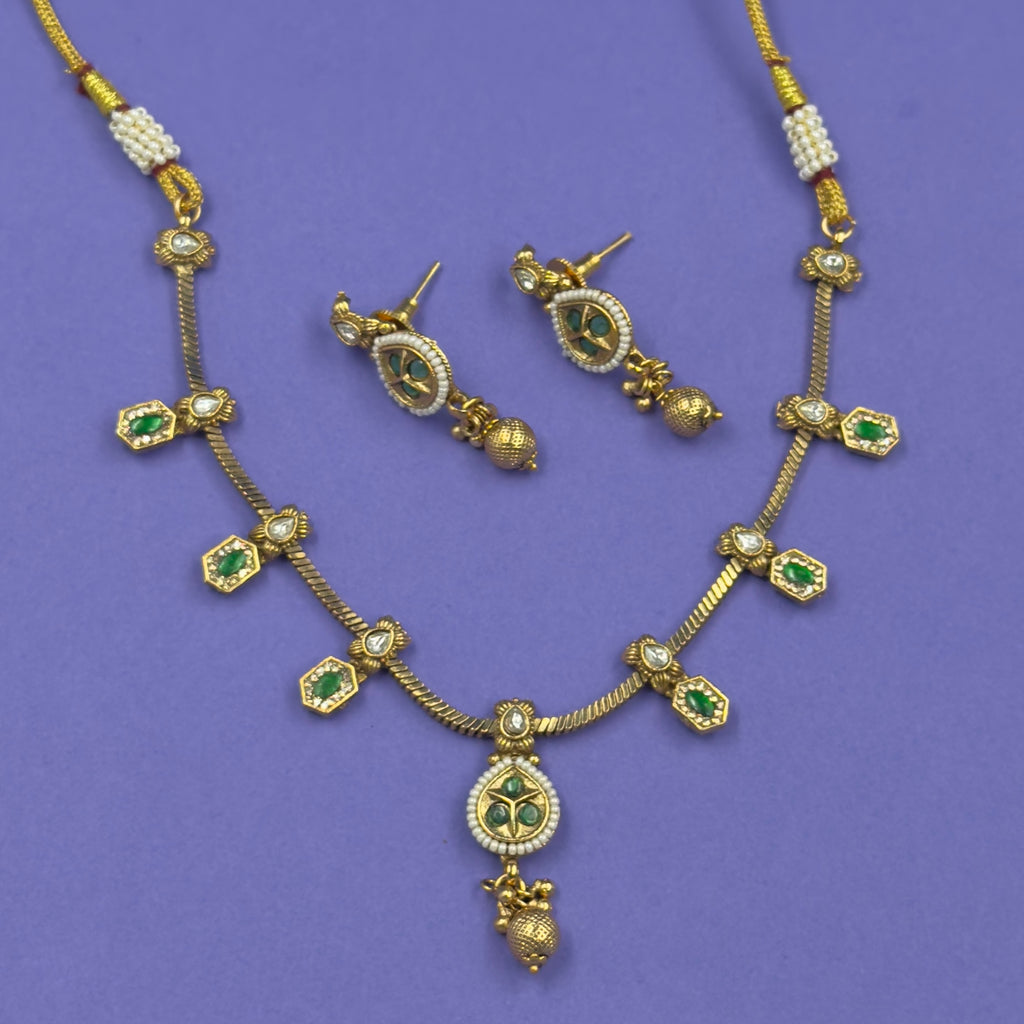 Ratna Emerald Green Antique Necklace Set for Daily and Festive Wear, close-up detail