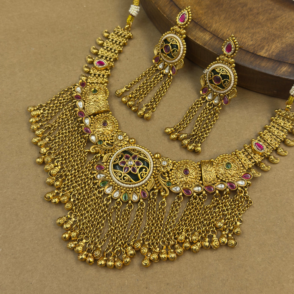 Aanchal Green Heritage Layered Necklace Set for Bridal Wear