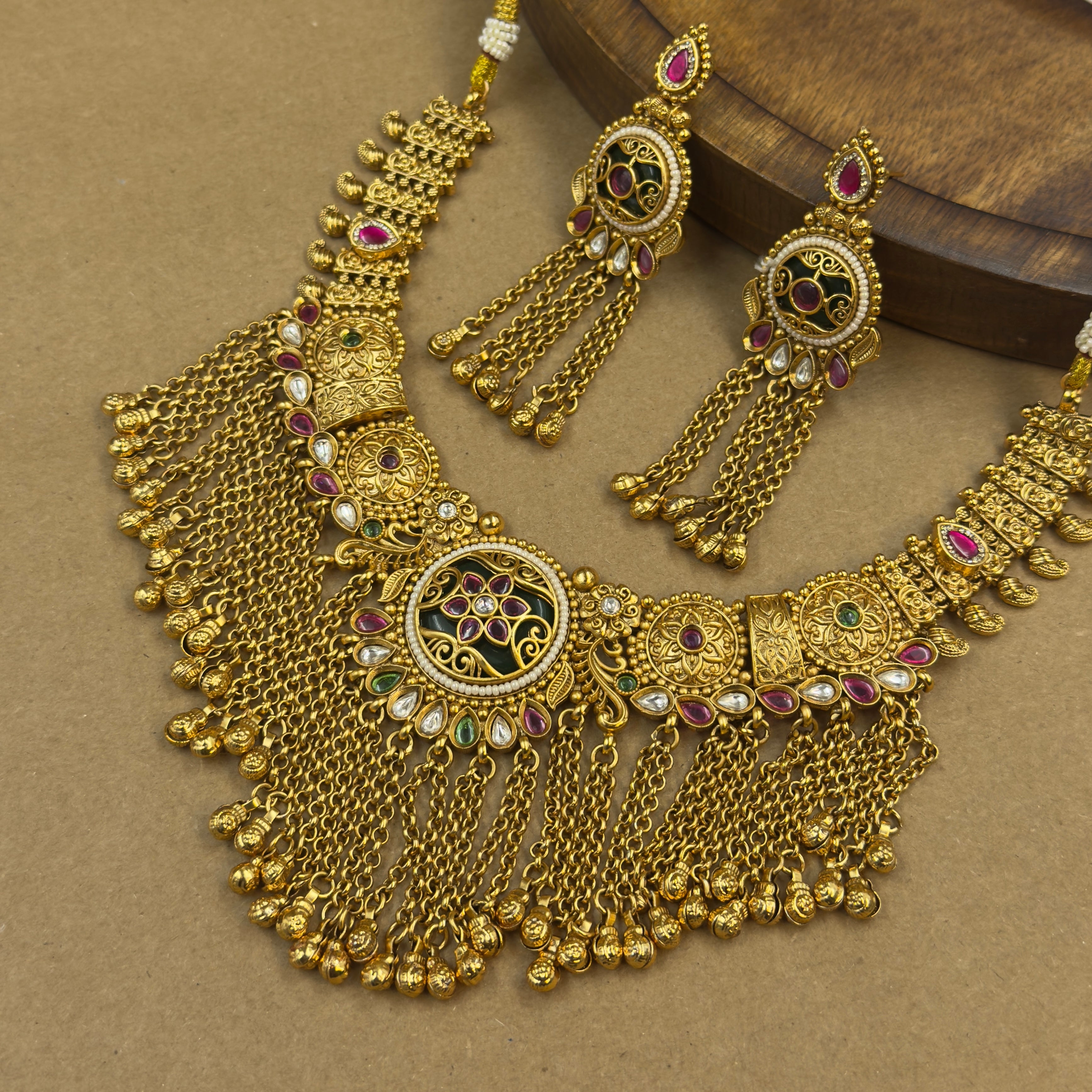 Aanchal Green Heritage Layered Necklace Set for Bridal Wear