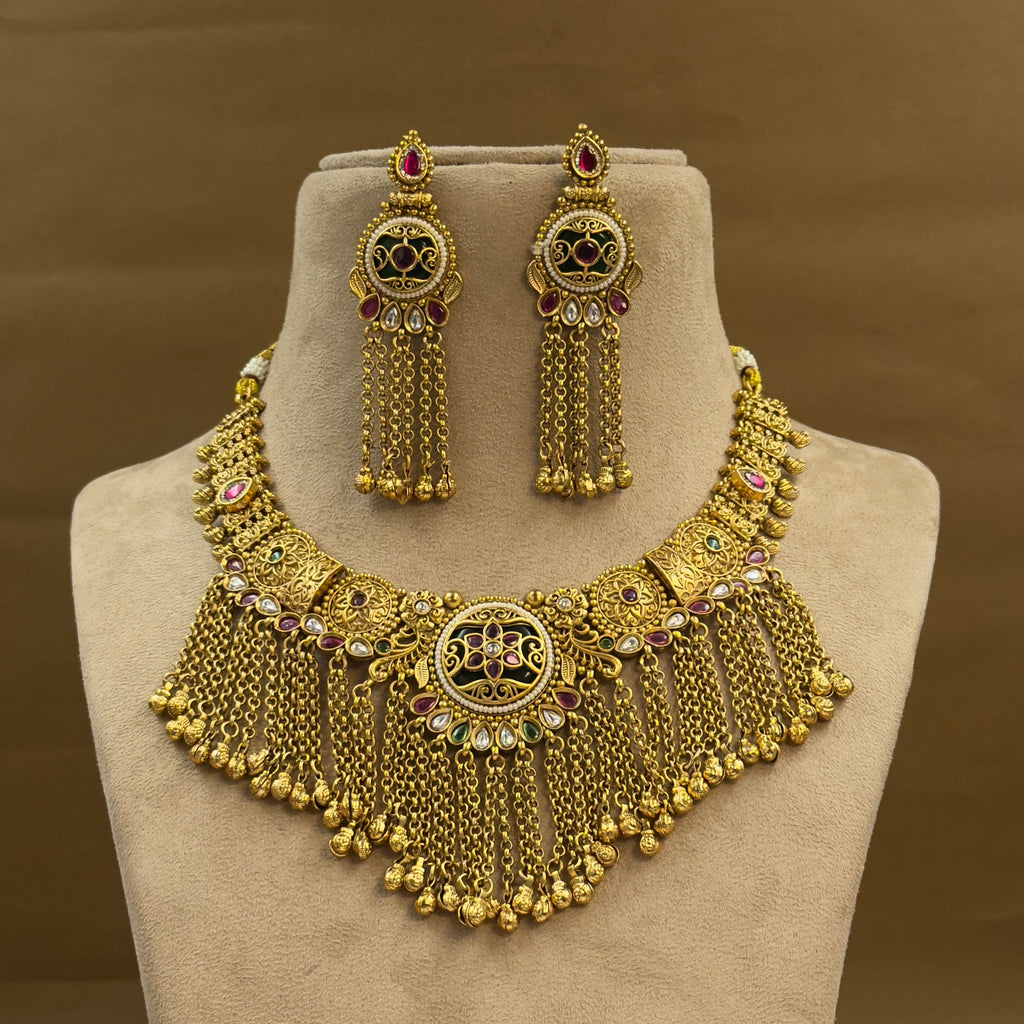 Aanchal Green Heritage Layered Necklace Set for Bridal Wear