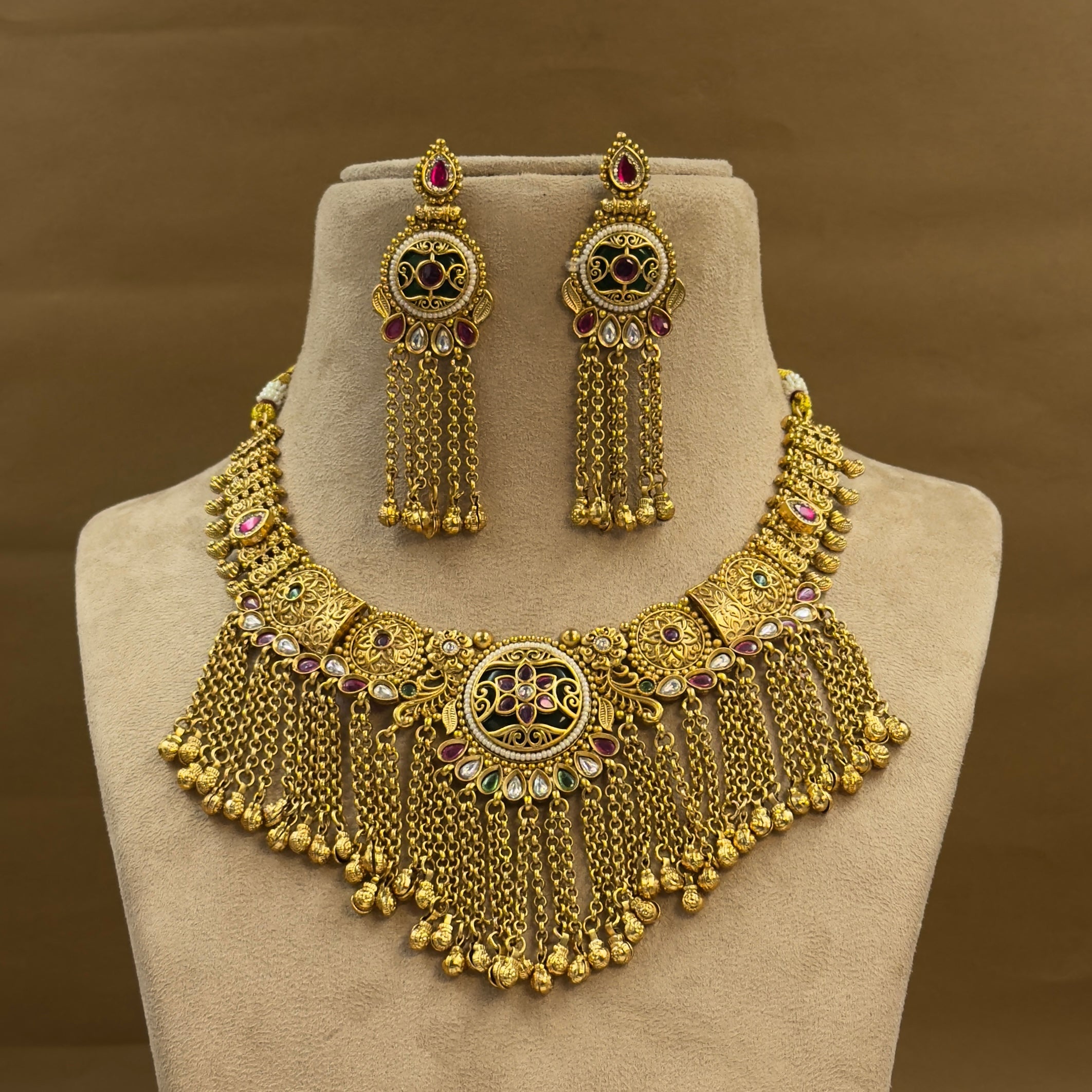 Aanchal Green Heritage Layered Necklace Set for Bridal Wear