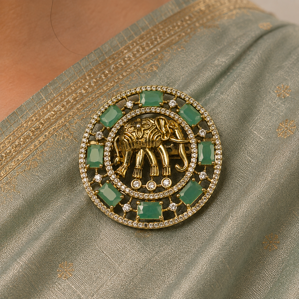 Ekta Emerald Green Elephant Saree Brooch