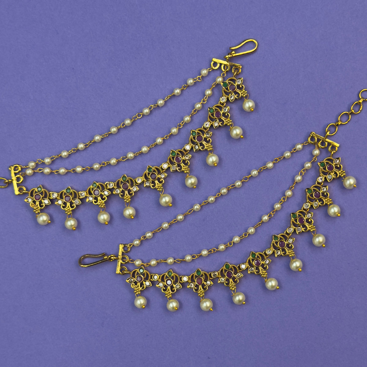 Aarohi Multicolor Ear Chain Earrings for Festive and Puja Wear, alternate angle
