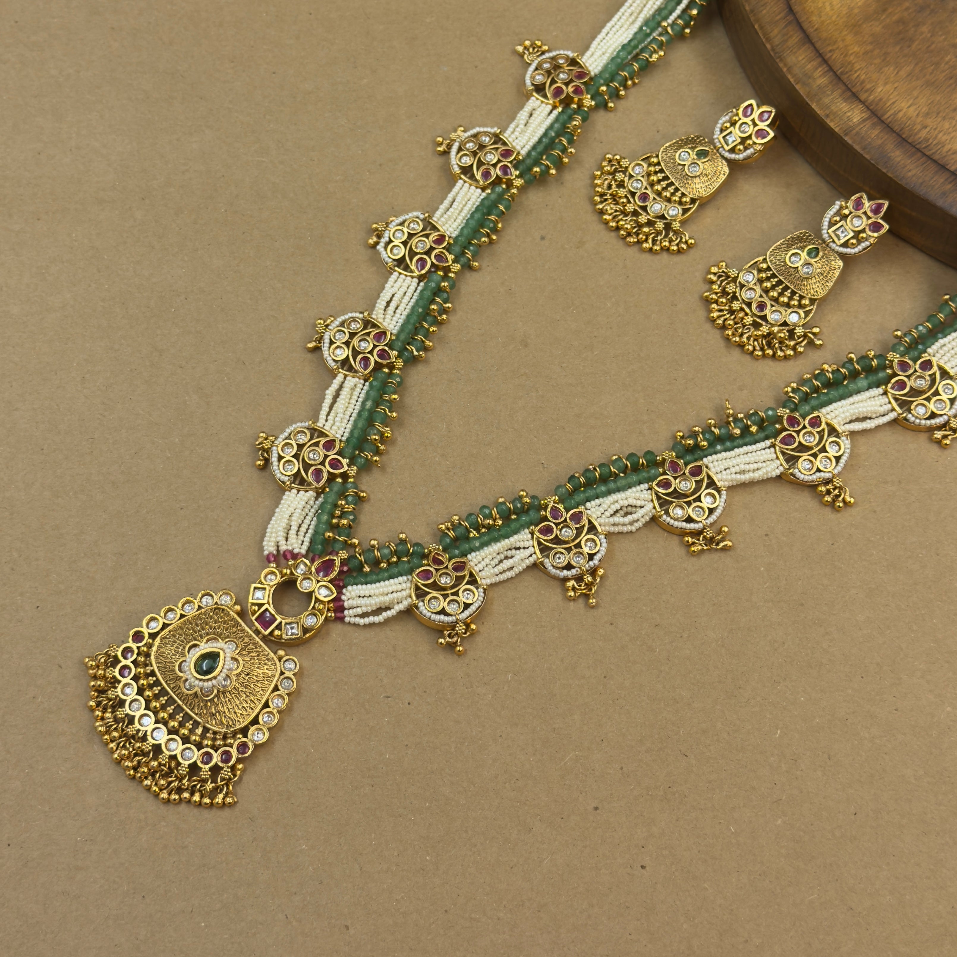 Ananya Mint Rajwadi Long Necklace Set for Bridal Wear