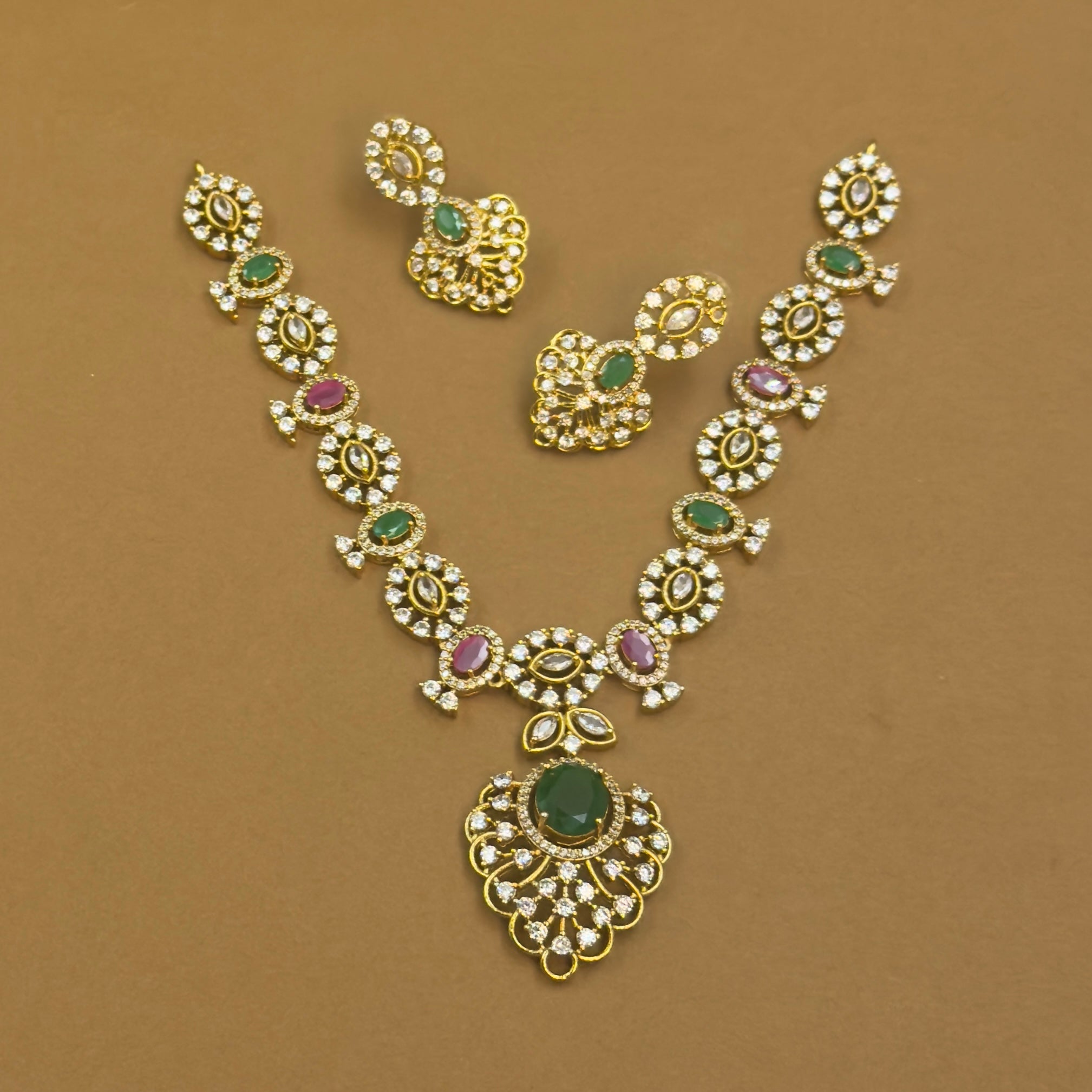 Charumati multicolor antique necklace set with earrings by The Girivara