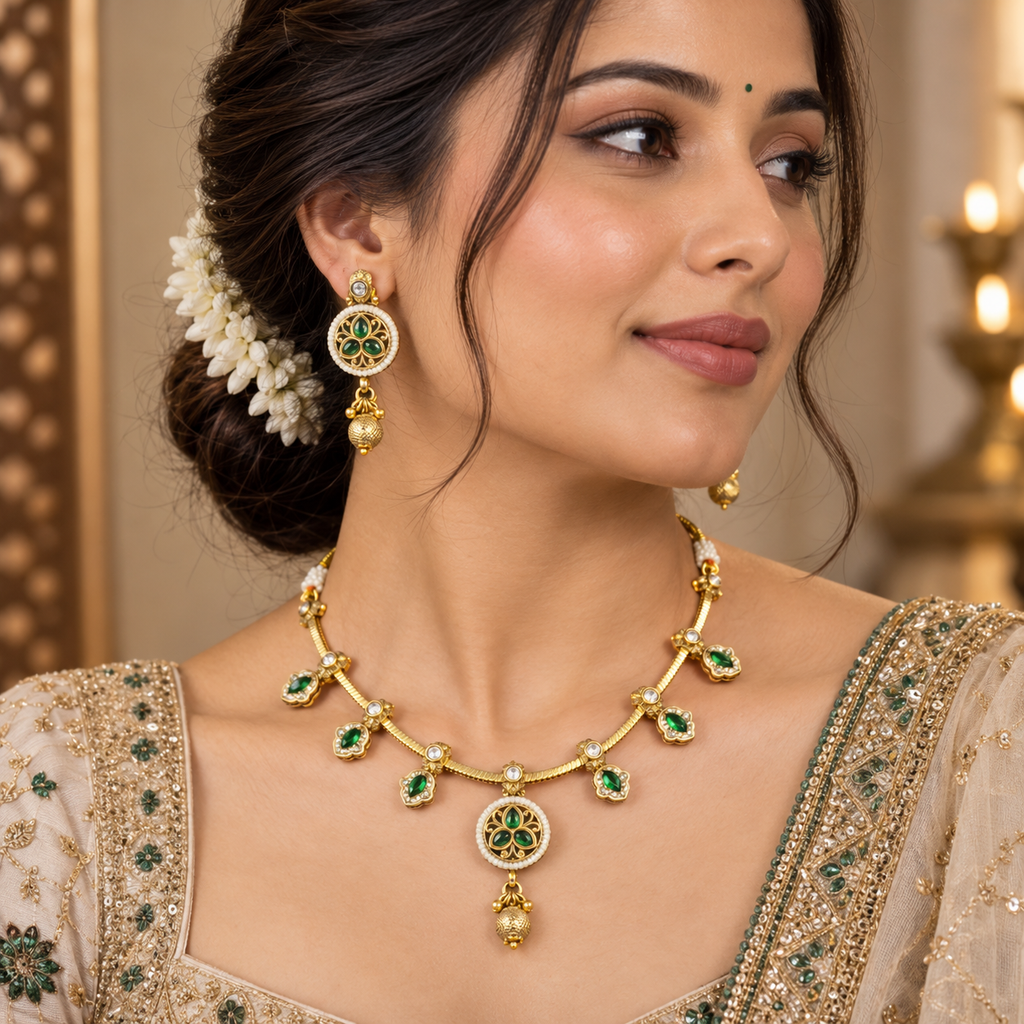 Mrinalini emerald green antique necklace set with matching earrings