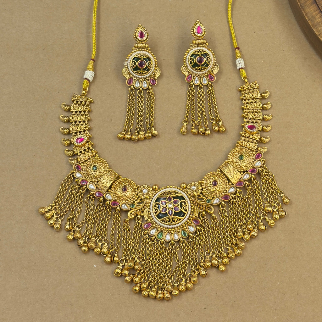 Aanchal Green Heritage Layered Necklace Set for Bridal Wear