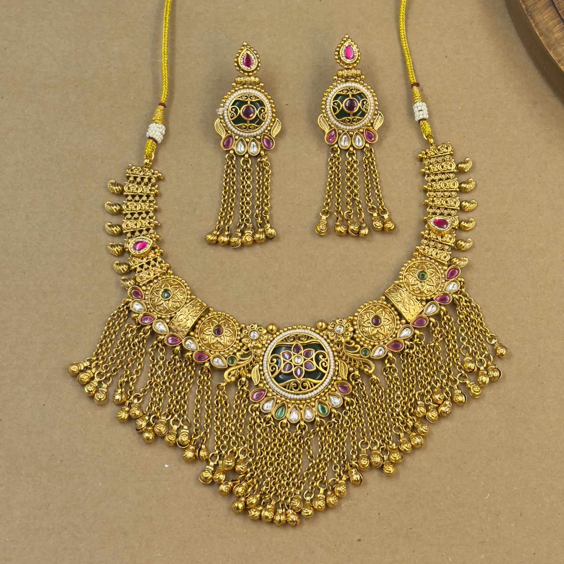 Aanchal Green Heritage Layered Necklace Set for Bridal Wear