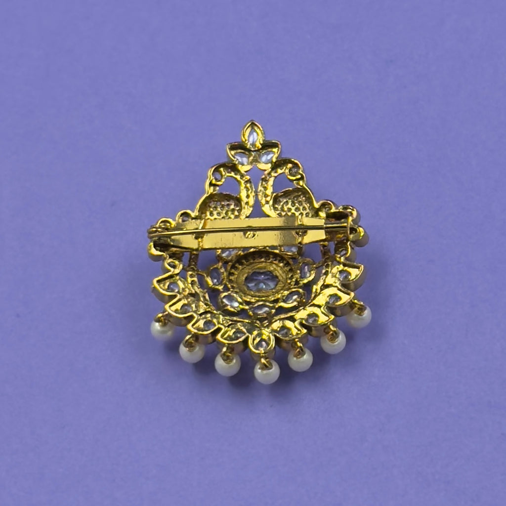 Anandi Gold Peacock Saree Brooch, close-up detail