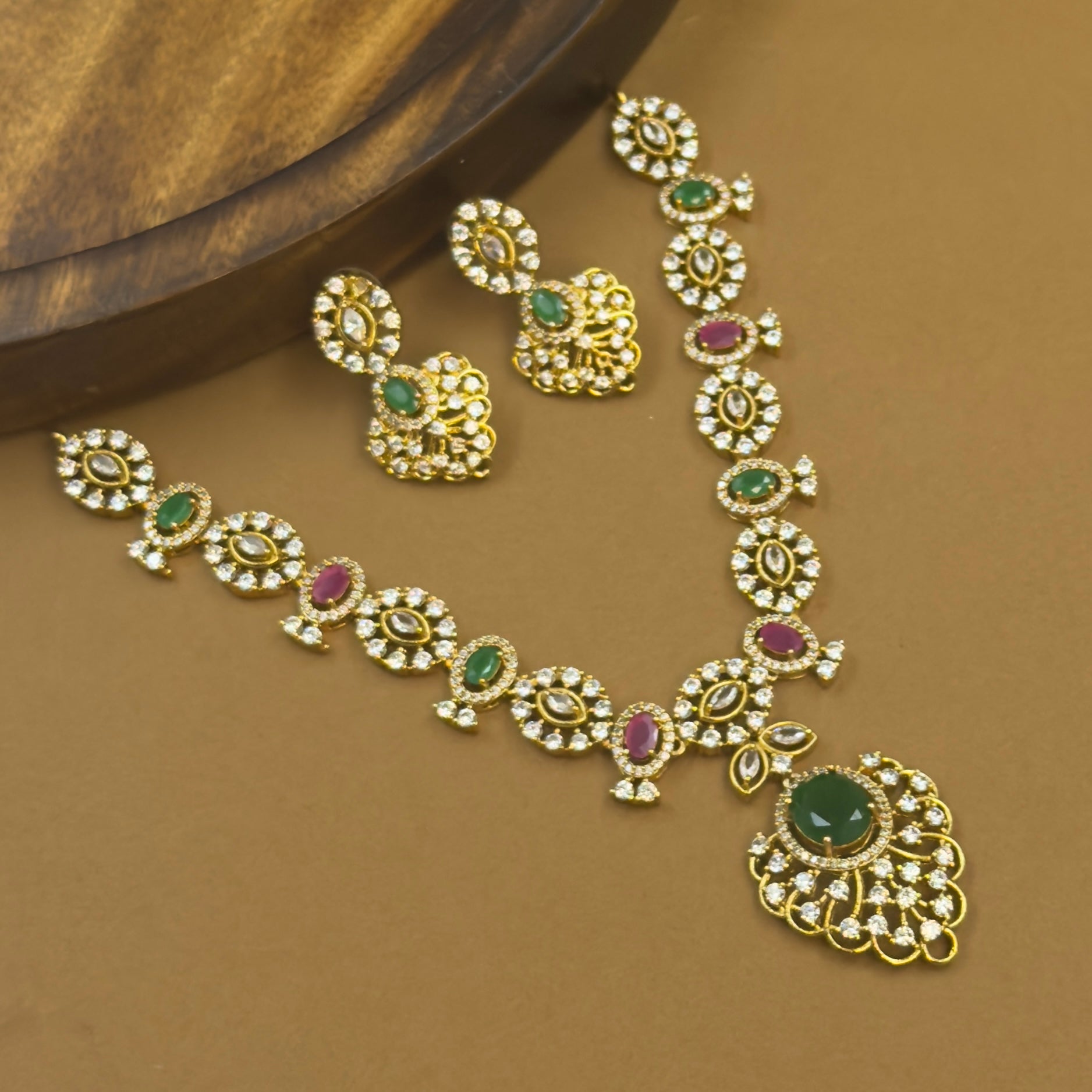 Charumati multicolor ruby green antique necklace set for festive wear by The Girivara